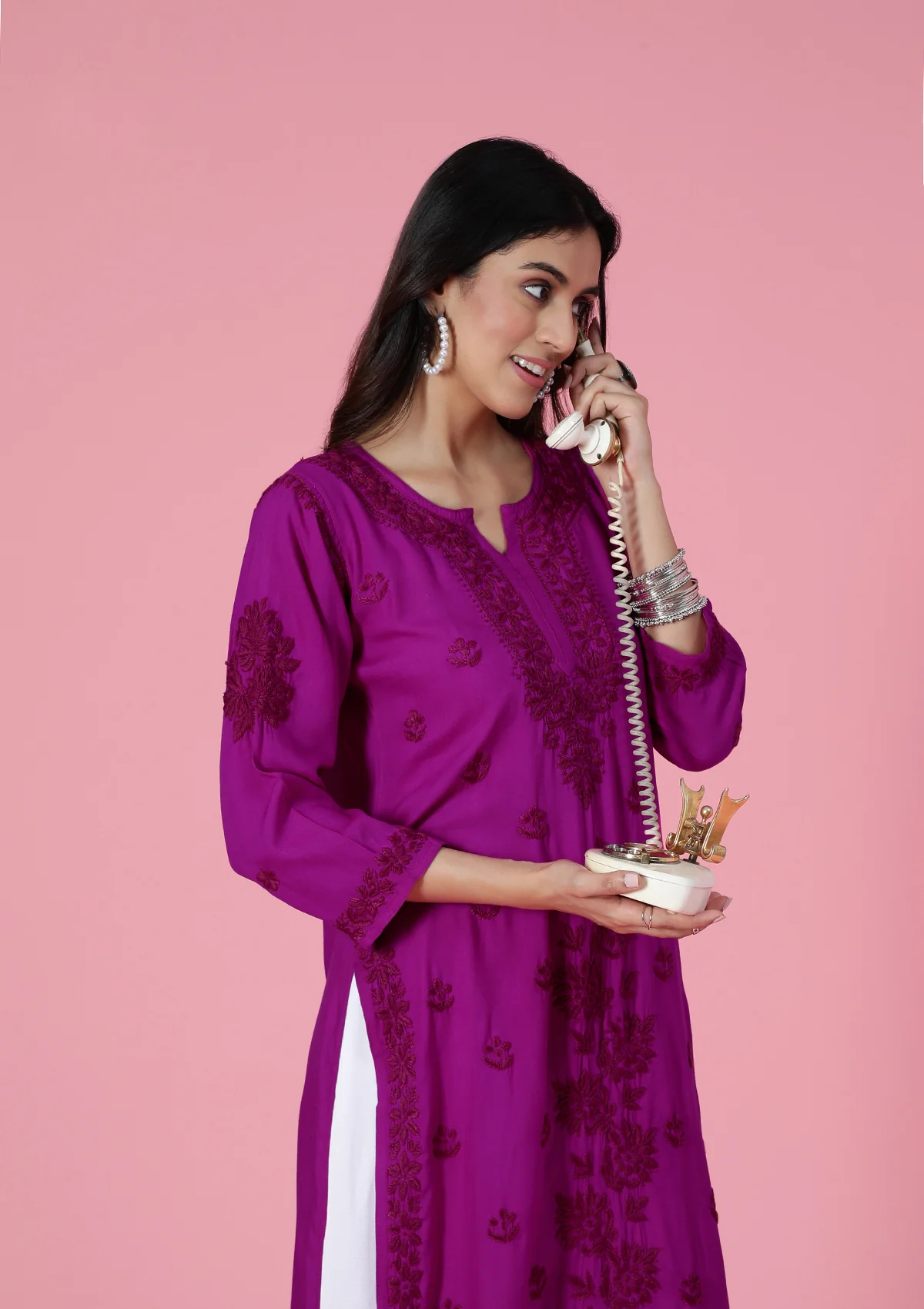 HOC Rayon Chikankari Solid Women's Long Kurta - Purple - Healthber