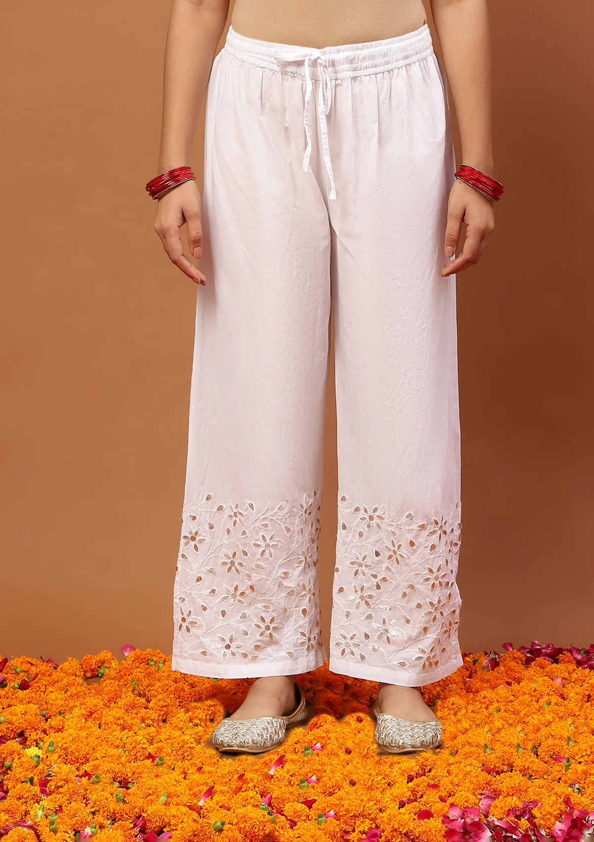 HOC Chanderi Chikankari Gota Work Solid Women's 4 PC Long Kurta Set -Mustard - Healthber