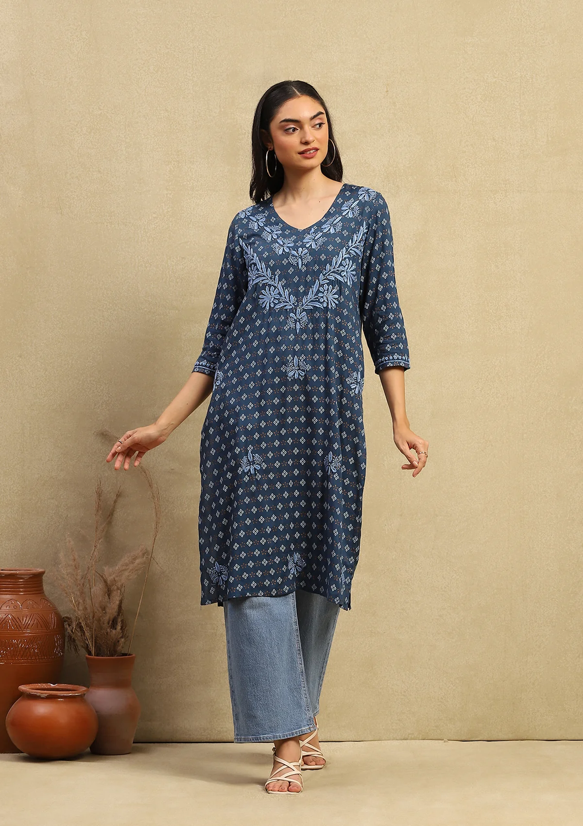 HOC Rayon Chikankari Printed Women's Long Kurta - Navy Blue - Healthber