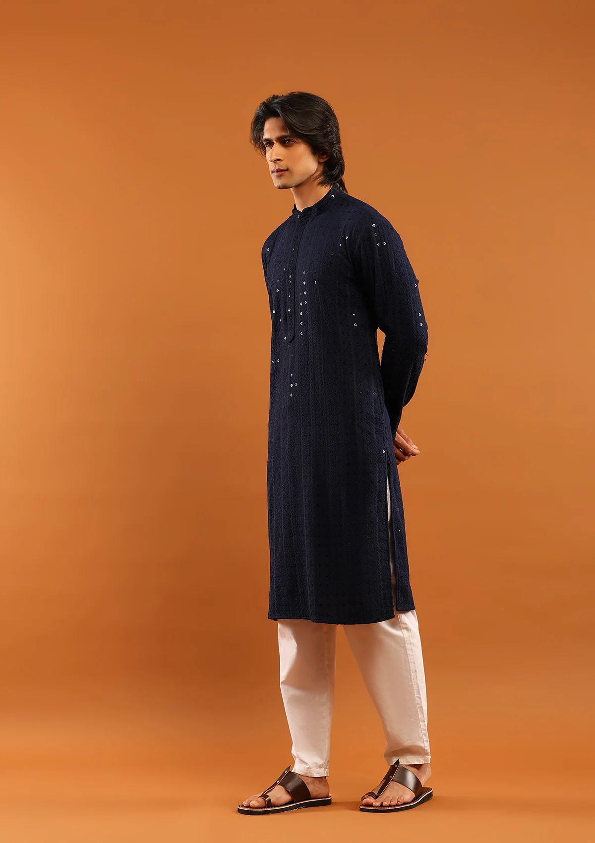HOC Rayon Embroidered With Sequins Solid Men's Long Kurta- Navy Blue - Healthber