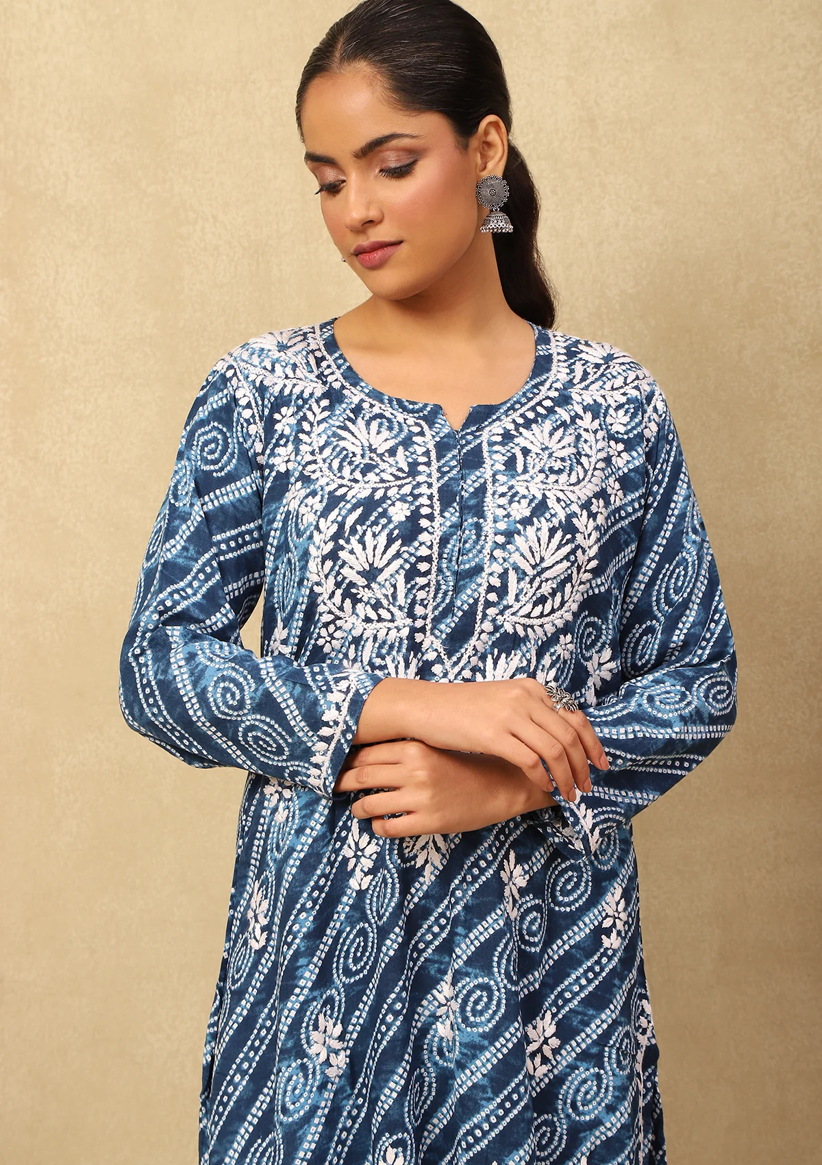 HOC Rayon Chikankari Bandhani Printed Women's Long Kurta-Blue - Healthber