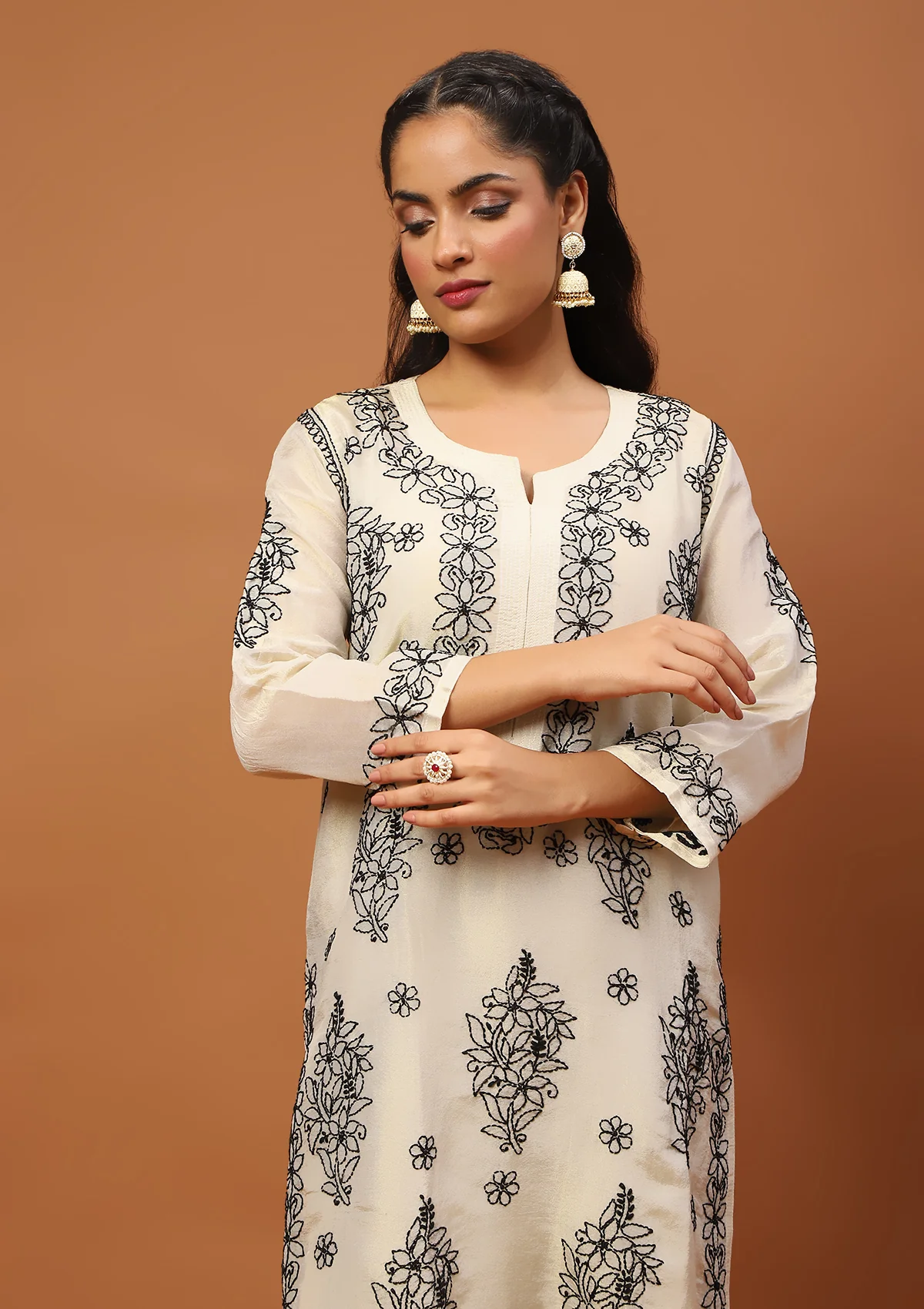 HOC Tissue Silk Chikankari Solid Women's Straight Kurta  C Beige - Healthber