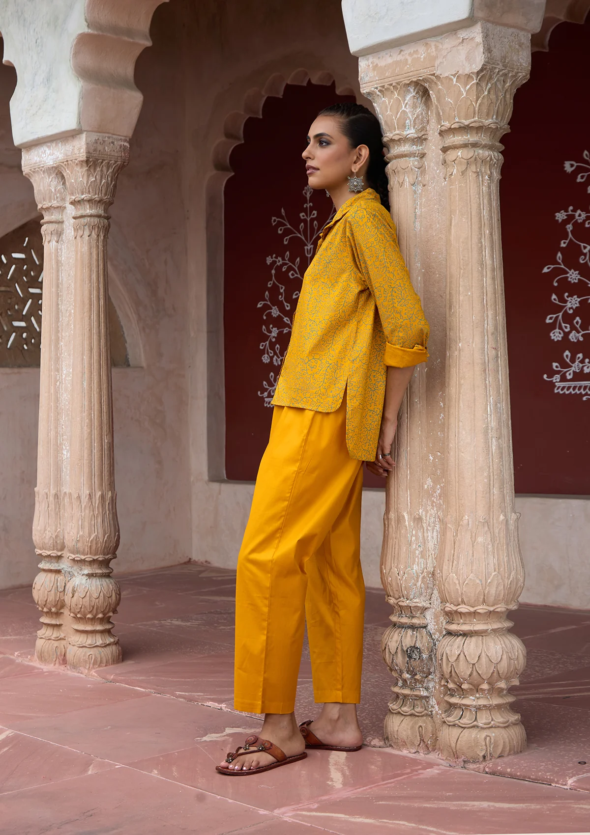 HOC Glazed Cotton Hand Block Printed with Hand Embroidery Women's 2 PC Co-ord Set - Mustard - Healthber