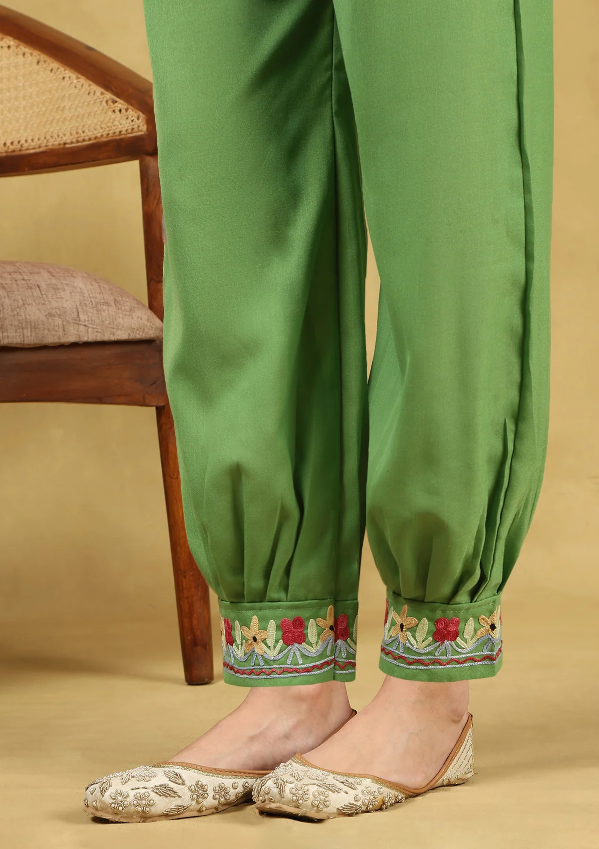 HOC Cotton Aari Embroidered Solid Women's 3 PC Short Kurta Set with Dupatta - Parrot Green - Healthber