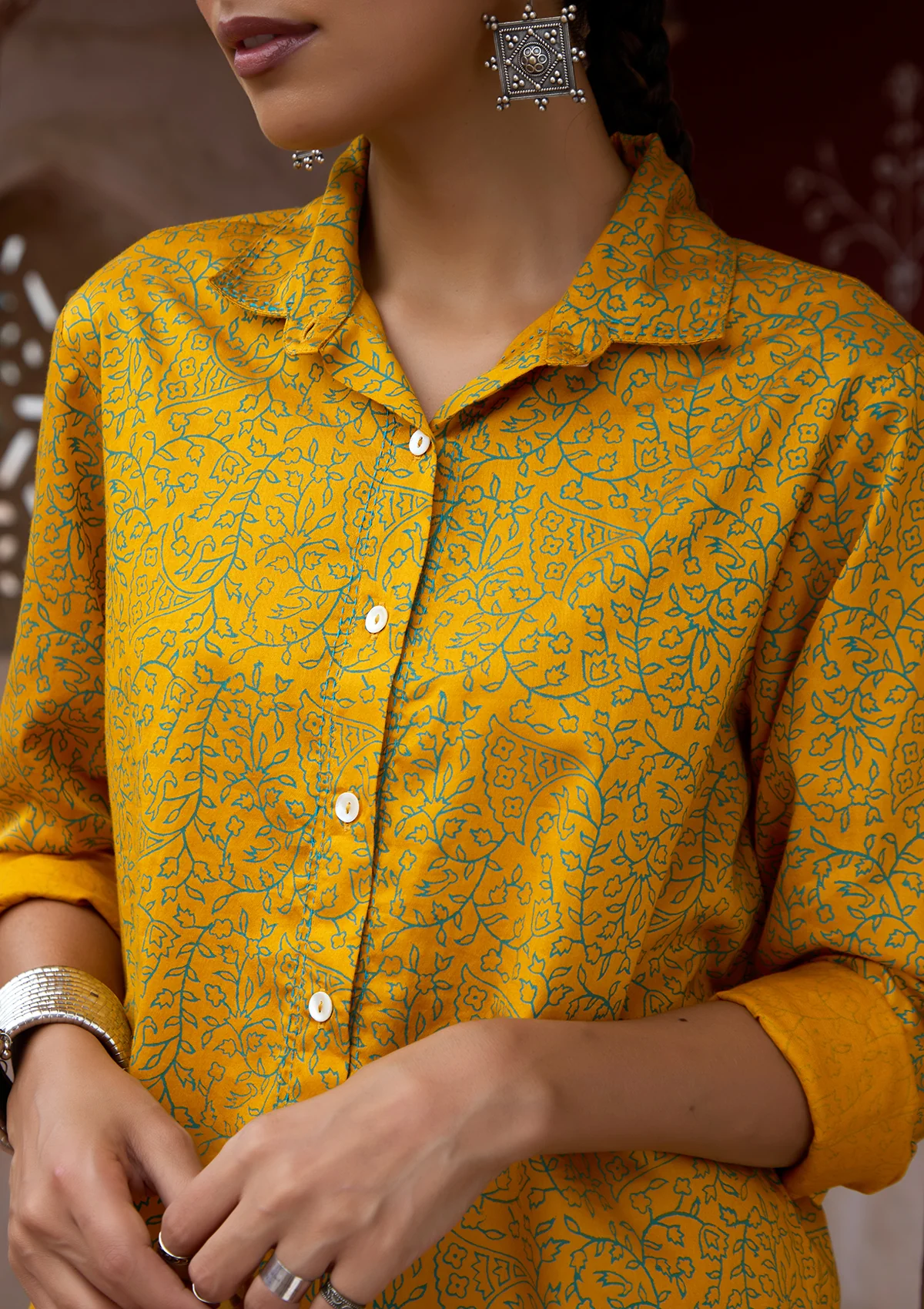 HOC Glazed Cotton Hand Block Printed with Hand Embroidery Women's 2 PC Co-ord Set - Mustard - Healthber