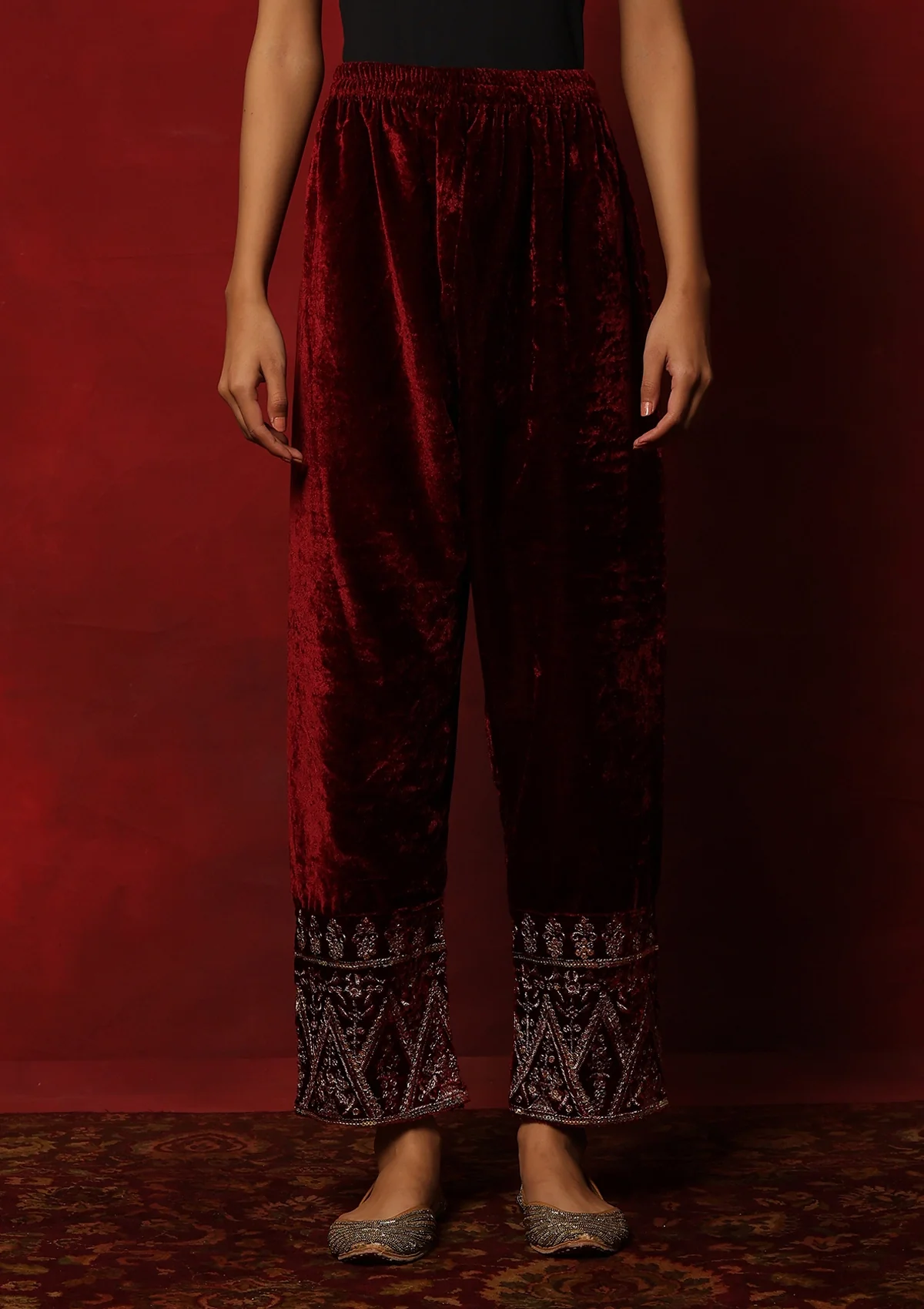 HOC Velvet Zari Embroidered With Sequins Women's Solid 3 PC Kurta Set-Maroon - Healthber