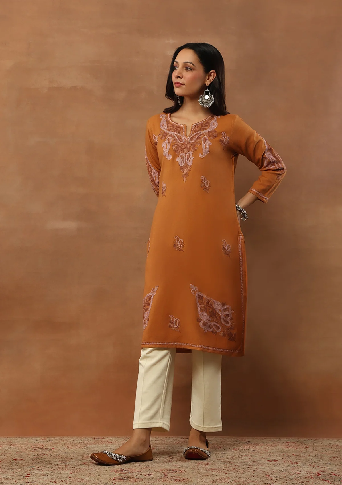 HOC Aari Embroidered Woollen Solid Women's Long Kurta - Rust - Healthber