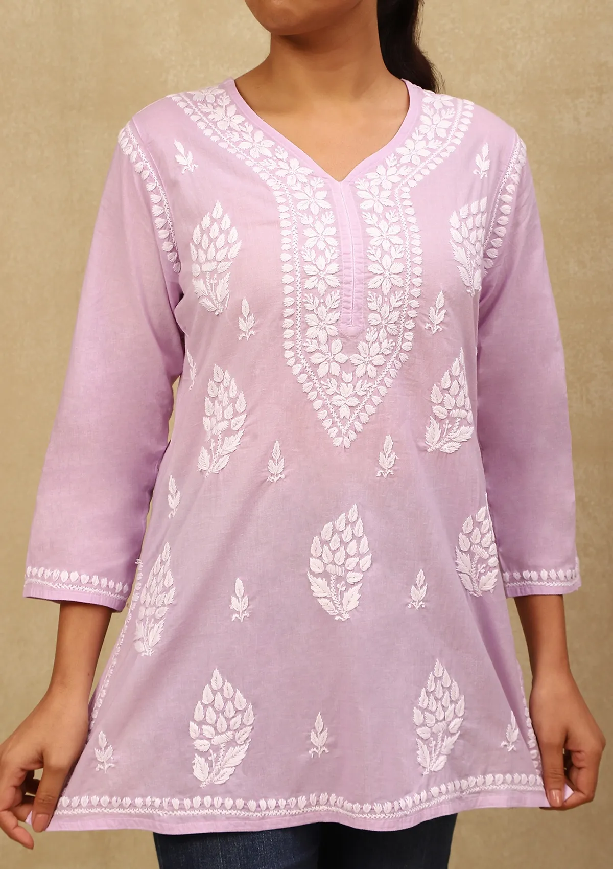 HOC Cotton Chikankari Solid Women's Short Kurta - Purple - Healthber