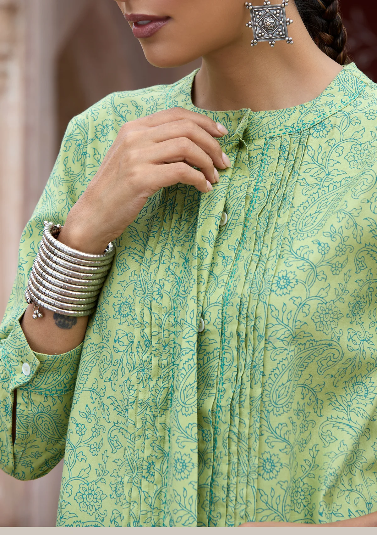 HOC Glazed Cotton Hand Block Printed with Hand Embroidery Women's 2 PC Co-ord Set - Green - Healthber