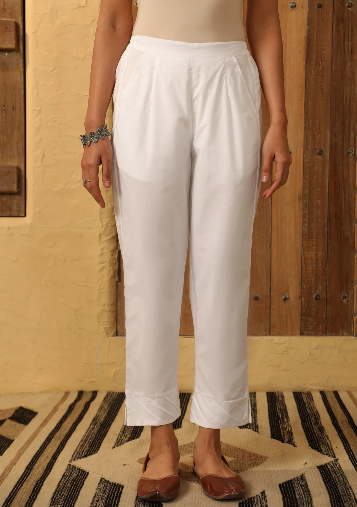 HOC Cotton Pintex Solid Women's Pants - White - Healthber