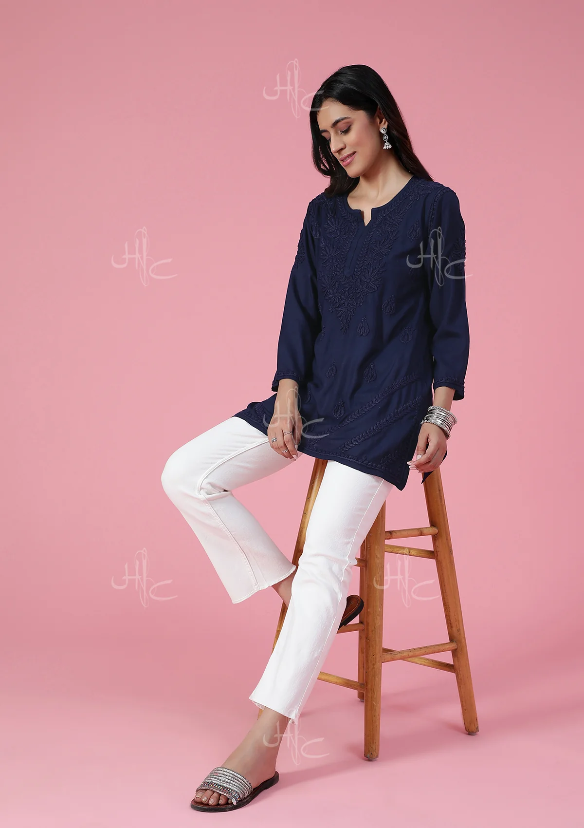 HOC Rayon Chikankari Solid Women's Short Kurta - Navy Blue - Healthber