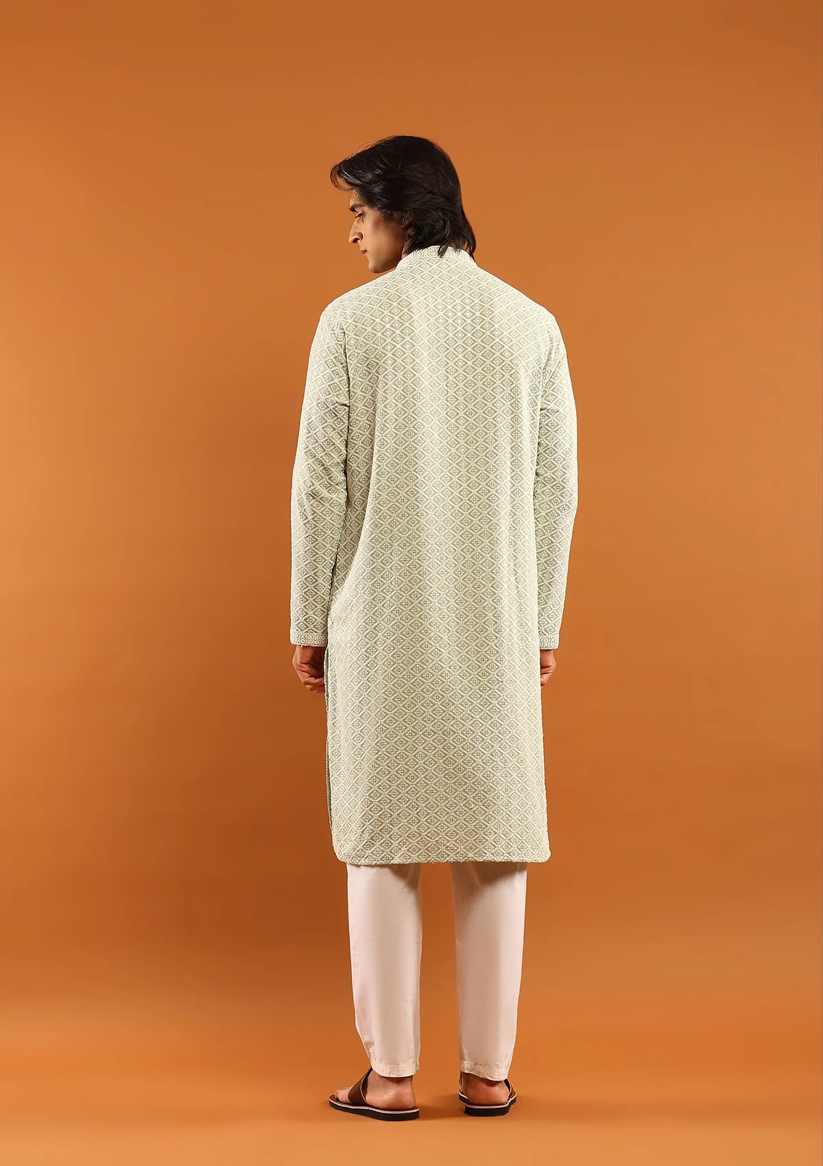 HOC Rayon Embroidered With Sequins Solid Men's Long Kurta- Pista Green - Healthber