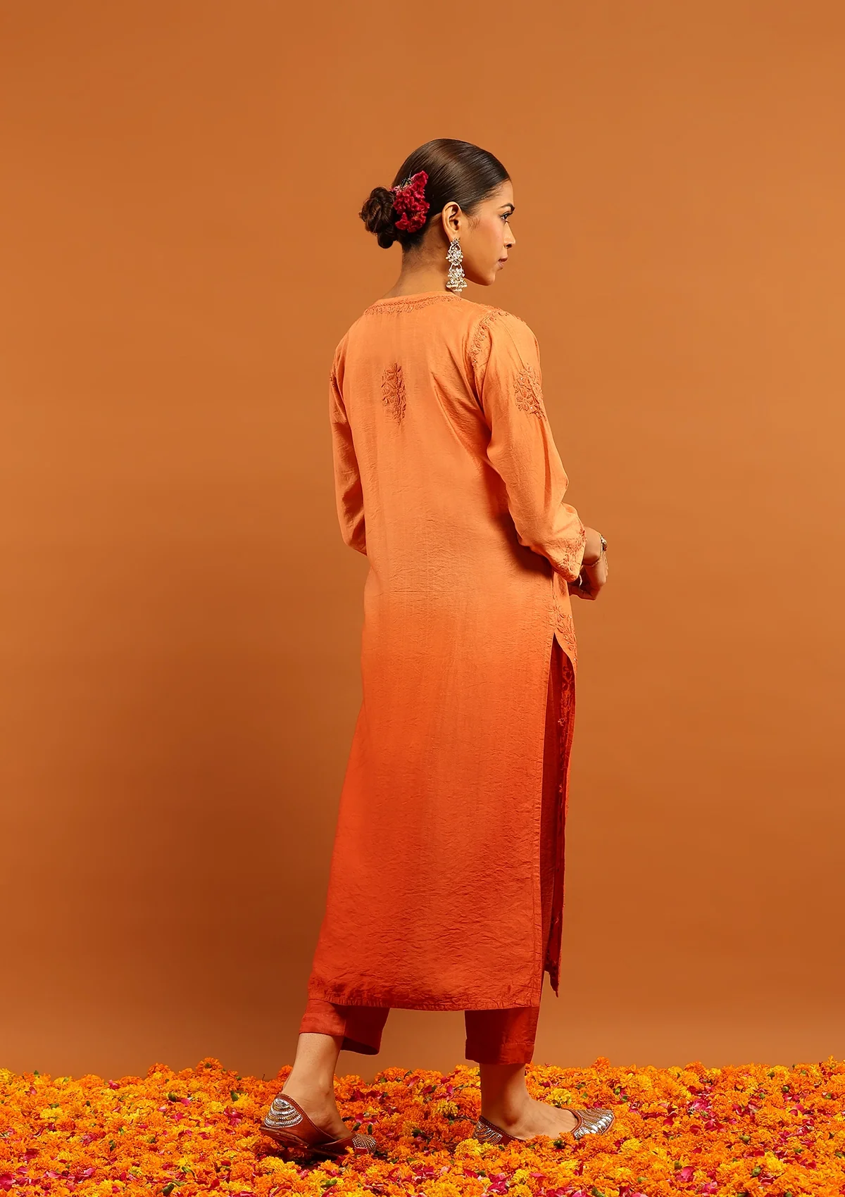 Karisma Chanderi Chikankari Mukaish With Kamdani Work Solid Women's 3 PC Long Kurta Set - Orange - Healthber