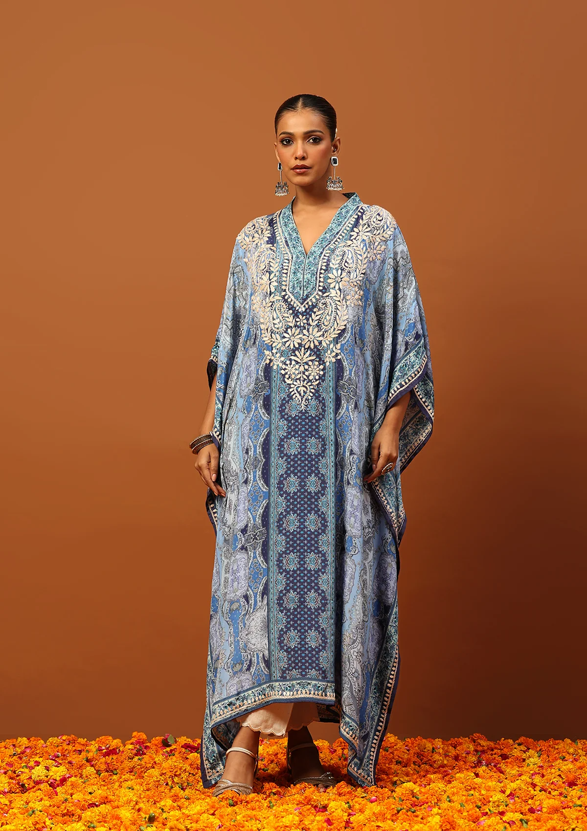 HOC Crepe Chikankari Printed Women's Kaftan -Blue - Healthber
