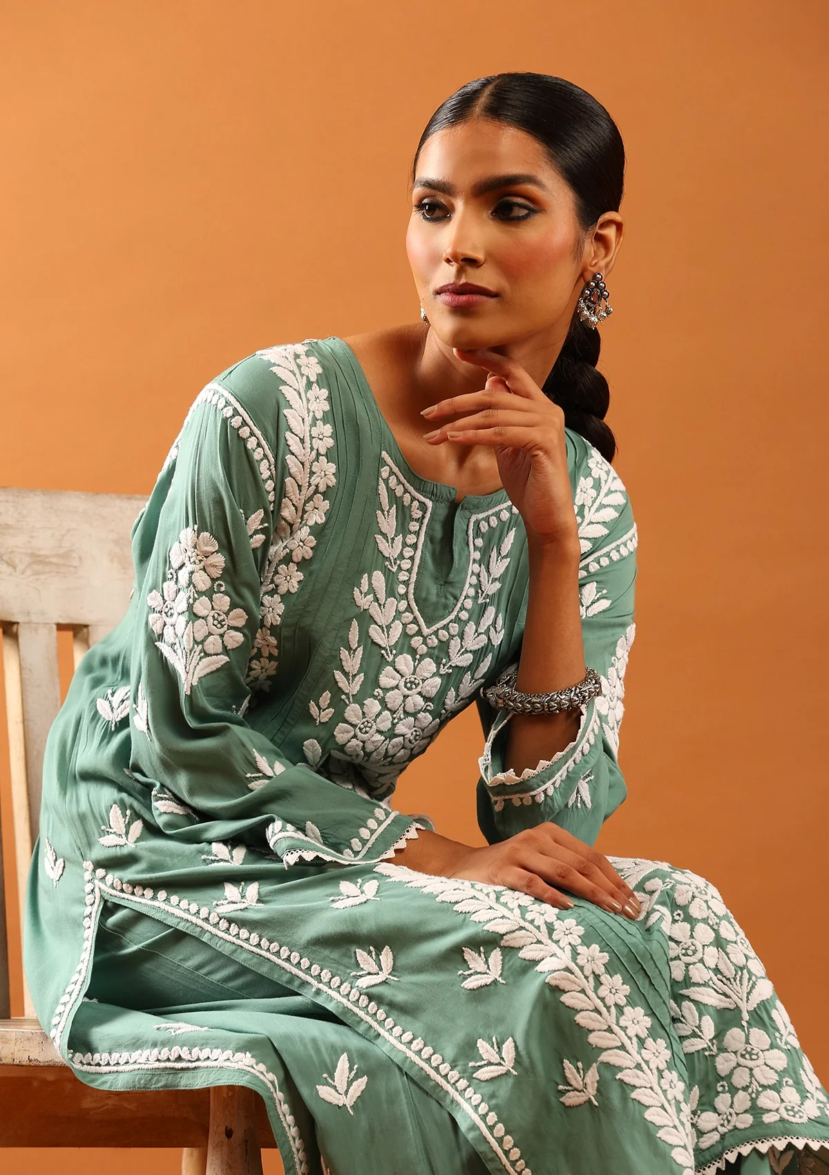 Modal Chikankari Solid Women's 2 PC Long Kurta Set with Lace -Green - Healthber