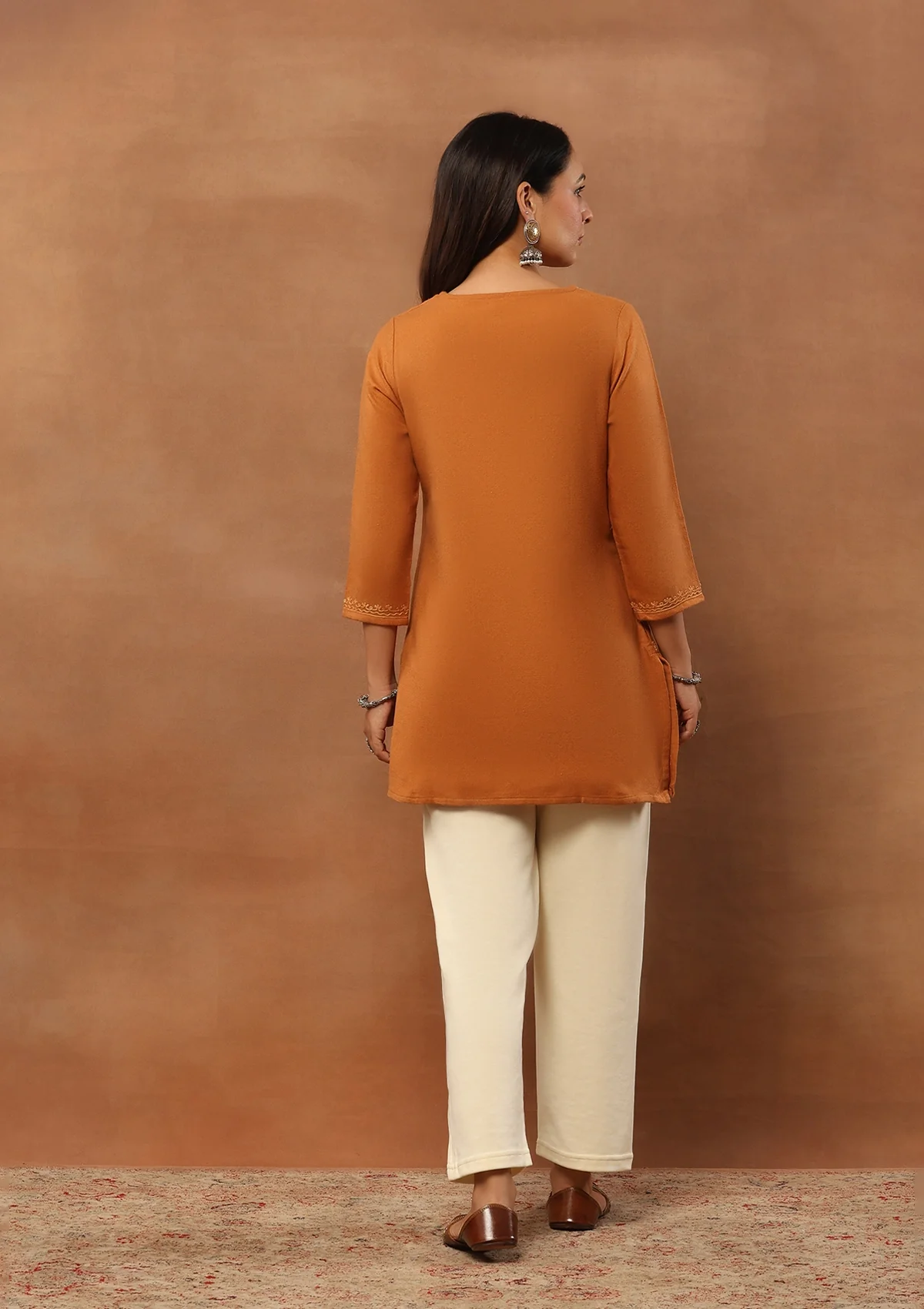 HOC Aari Embroidered Woollen Solid Women's Short Kurta - Rust - Healthber