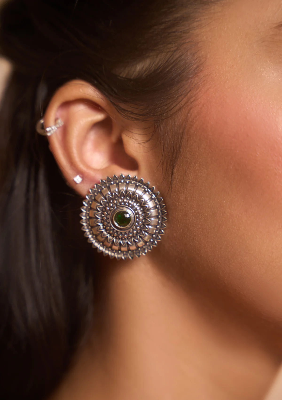 HOC Handcrafted Silver Tone Mandala Chakra Green Stone Studs - Healthber