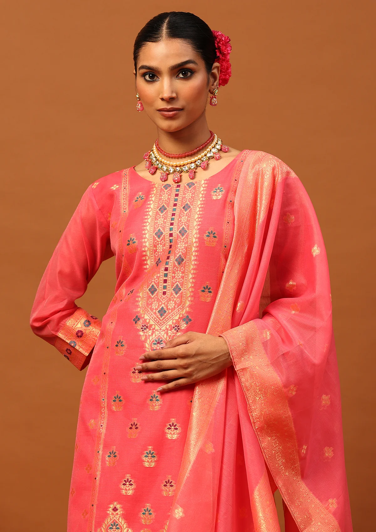 HOC Banarasi Chanderi Hand Weave Women's 3PC Long Kurta Set -Pink - Healthber