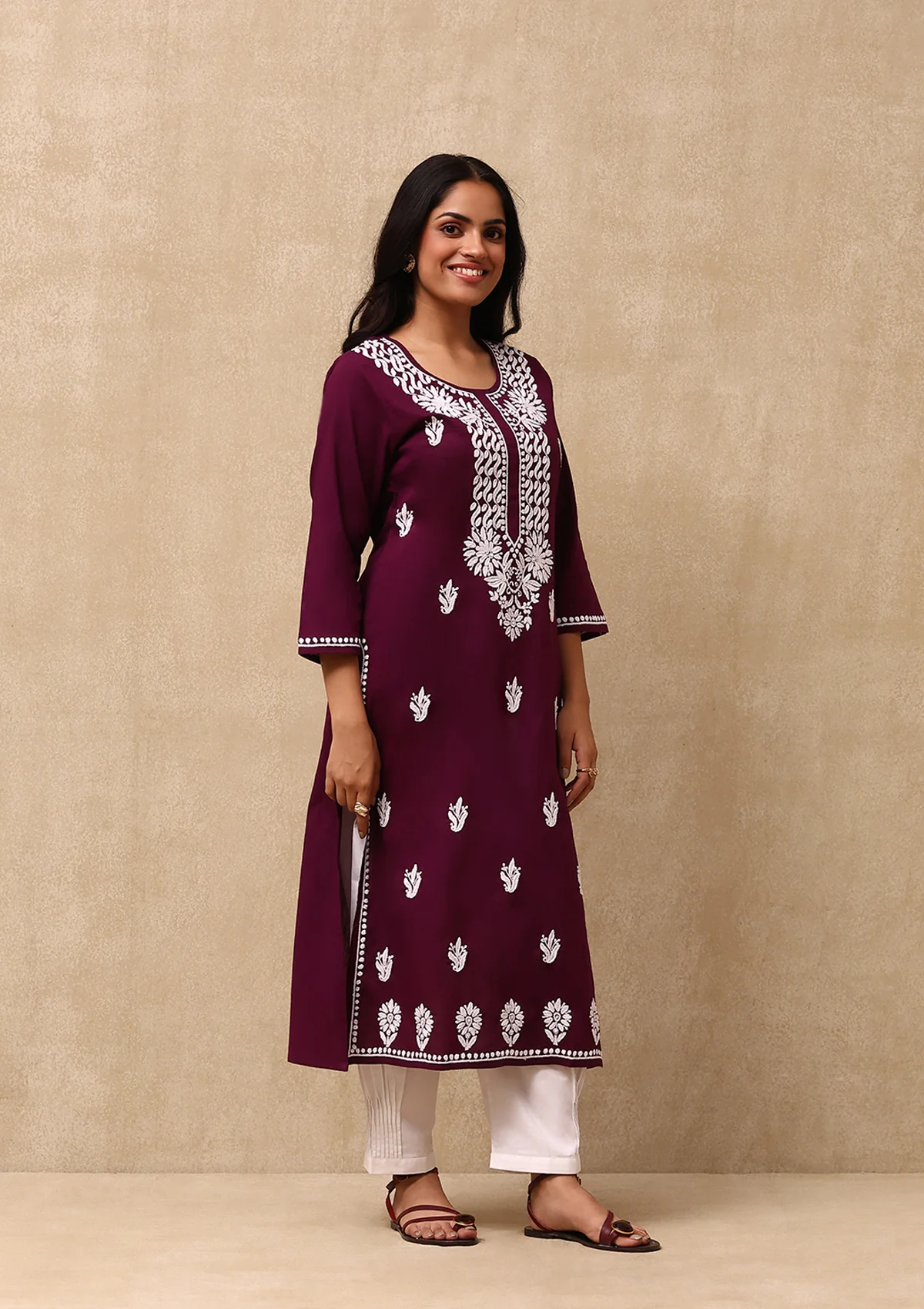 HOC Cotton Chikankari Solid Women's Long Kurta  - Dark Purple - Healthber