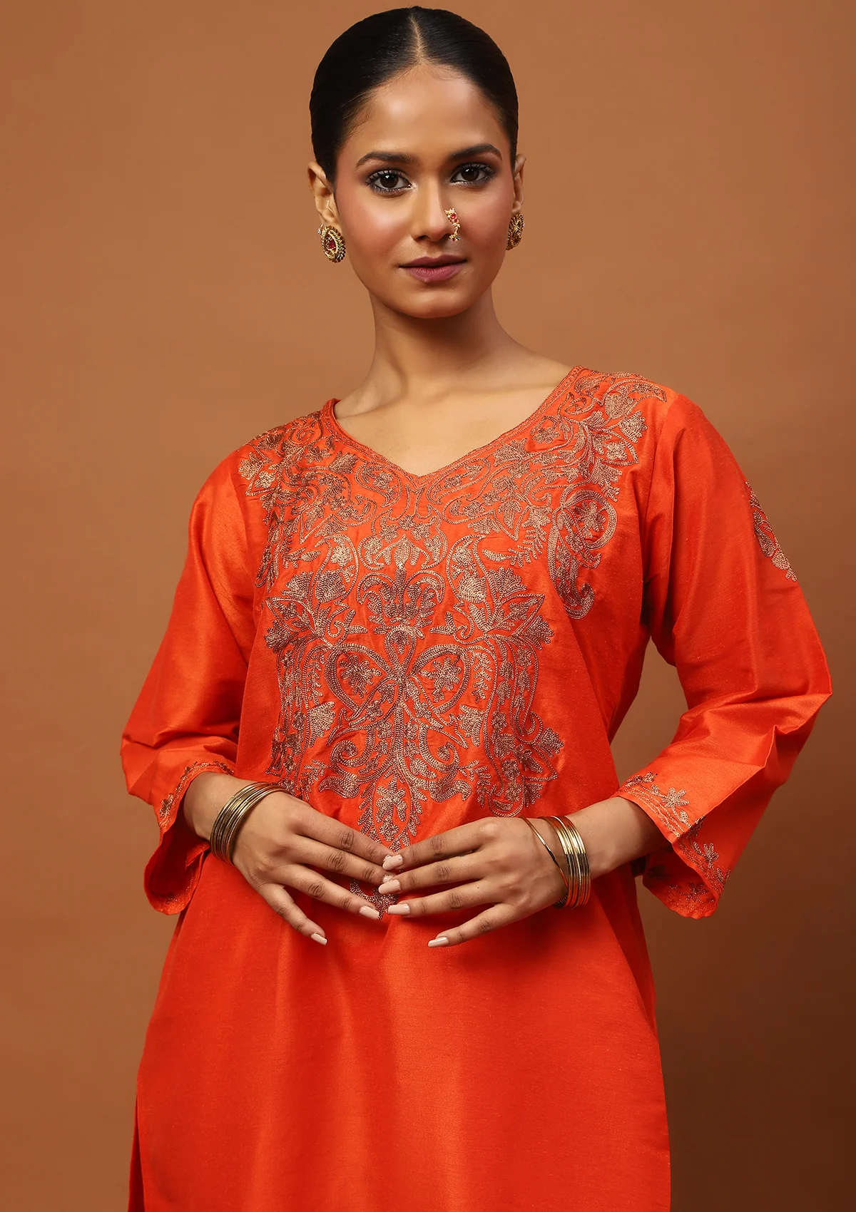 HOC Art Silk Embroidered Zari Solid Women's 2 PC Knee Kurta Set - Orange - Healthber