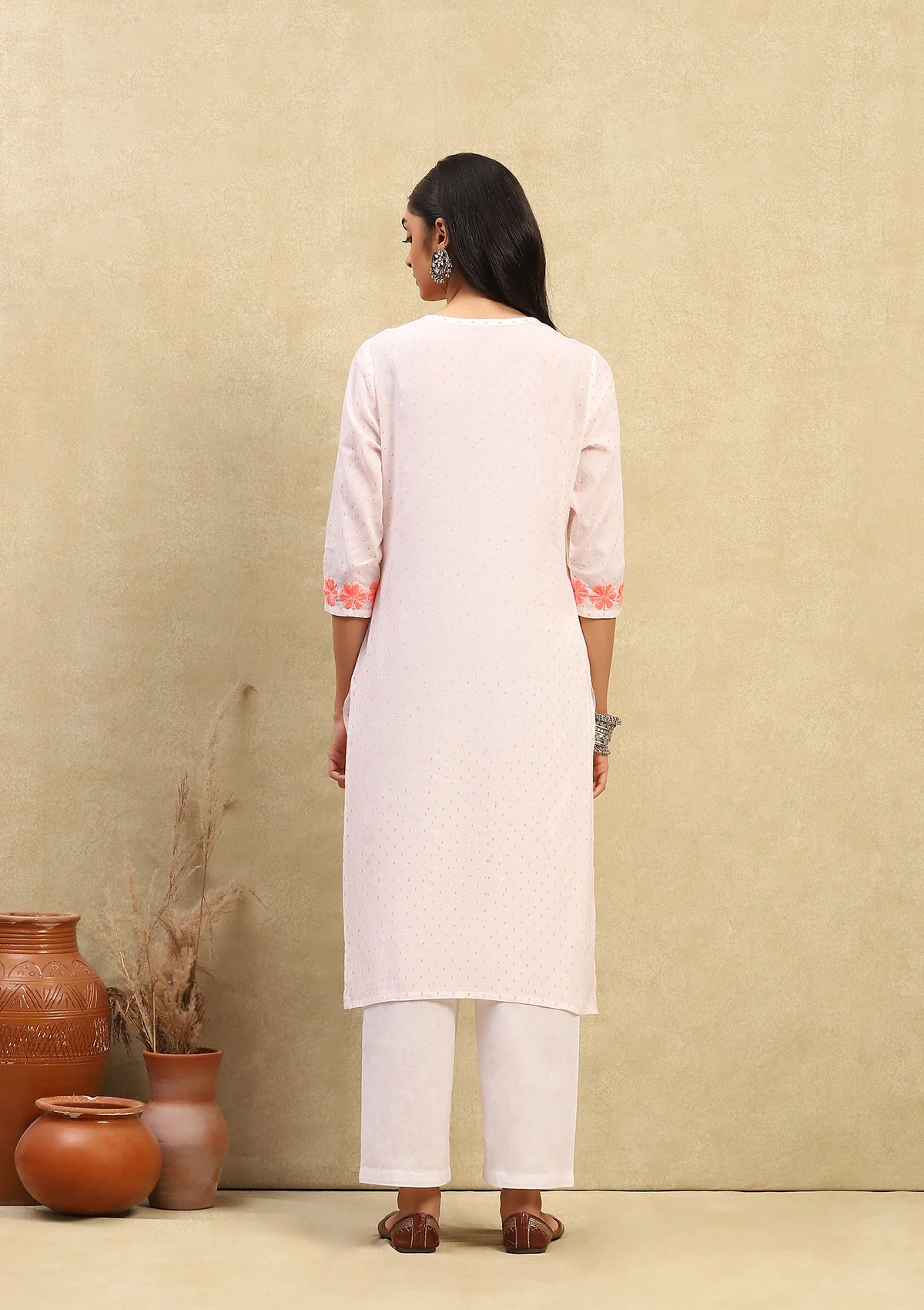 HOC Cotton Dobby Chikankari Solid Women's Long Kurta - Off White - Healthber