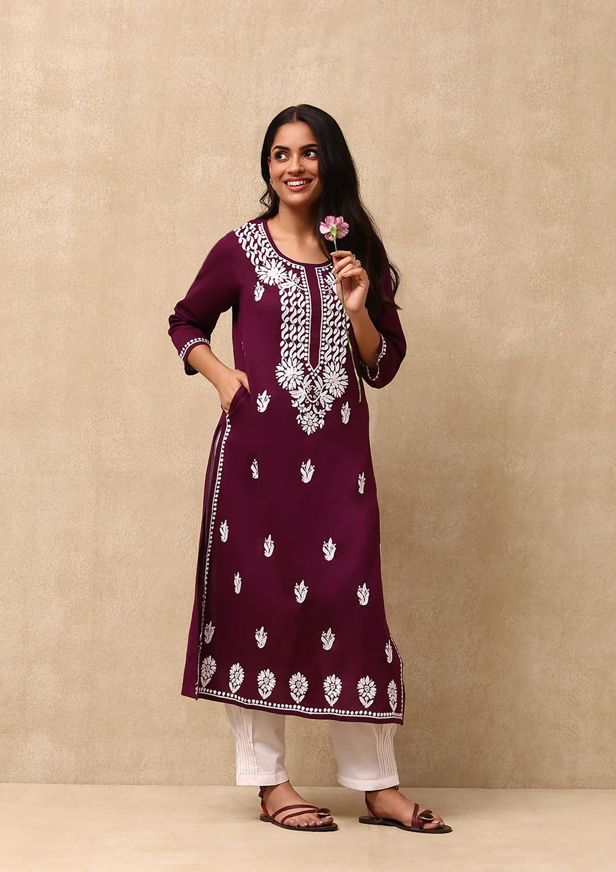 HOC Cotton Chikankari Solid Women's Long Kurta  - Dark Purple - Healthber