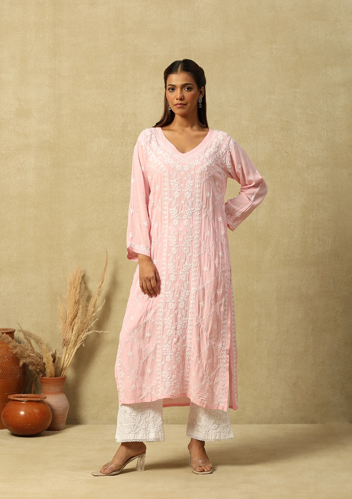 HOC Modal Chikankari Solid Women's Long Kurta -Pink - Healthber