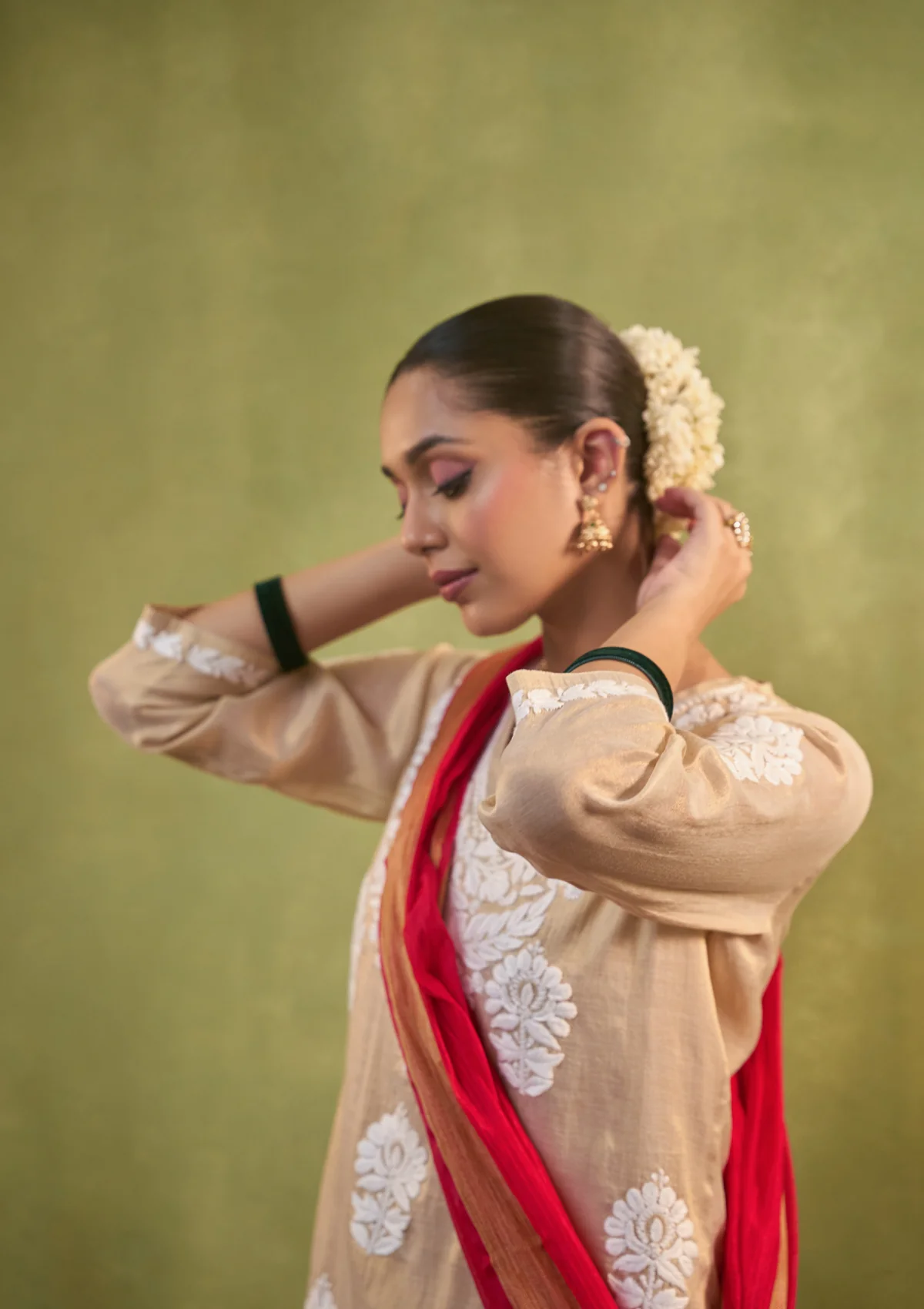 HOC Tissue Silk Chikankari Solid Women's 4 PC Long Kurta Set - Golden - Healthber