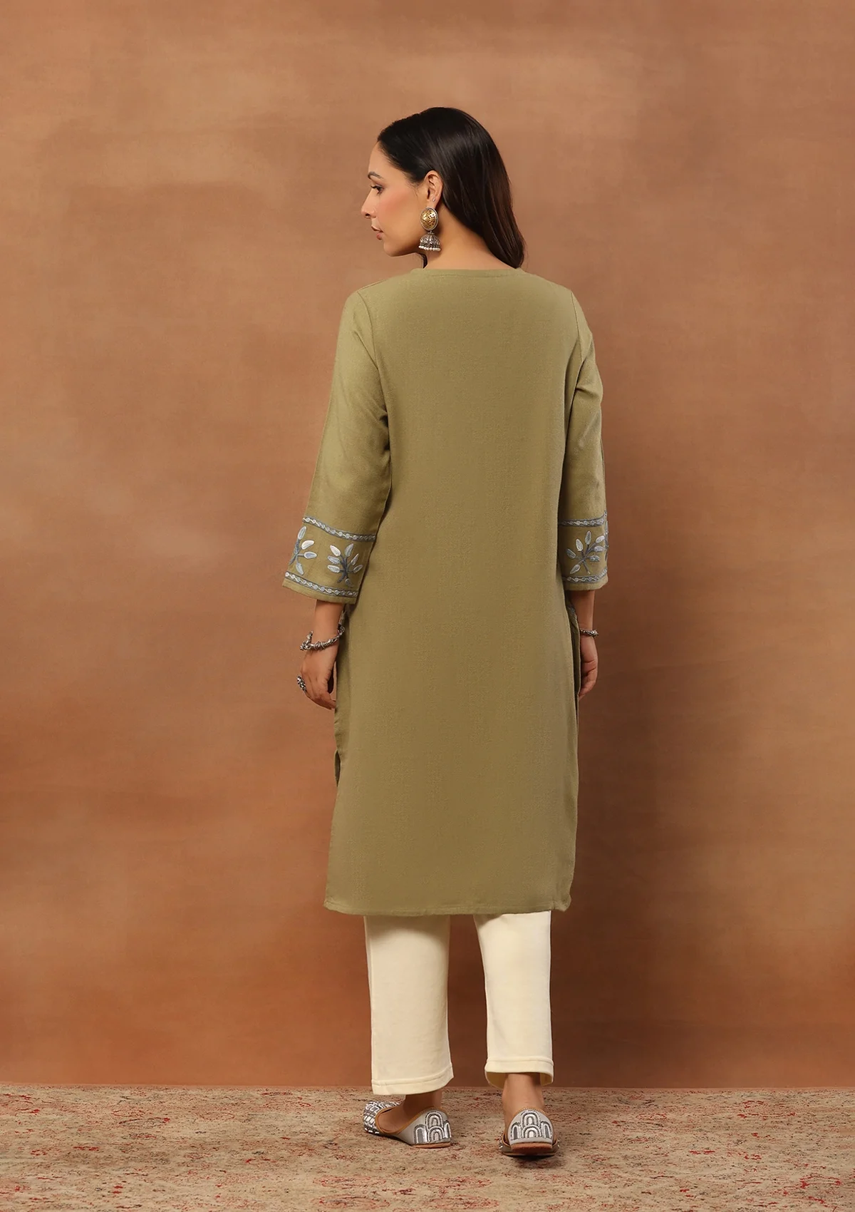 HOC Aari Embroidered Woollen Solid Women's Long Kurta - Olive - Healthber