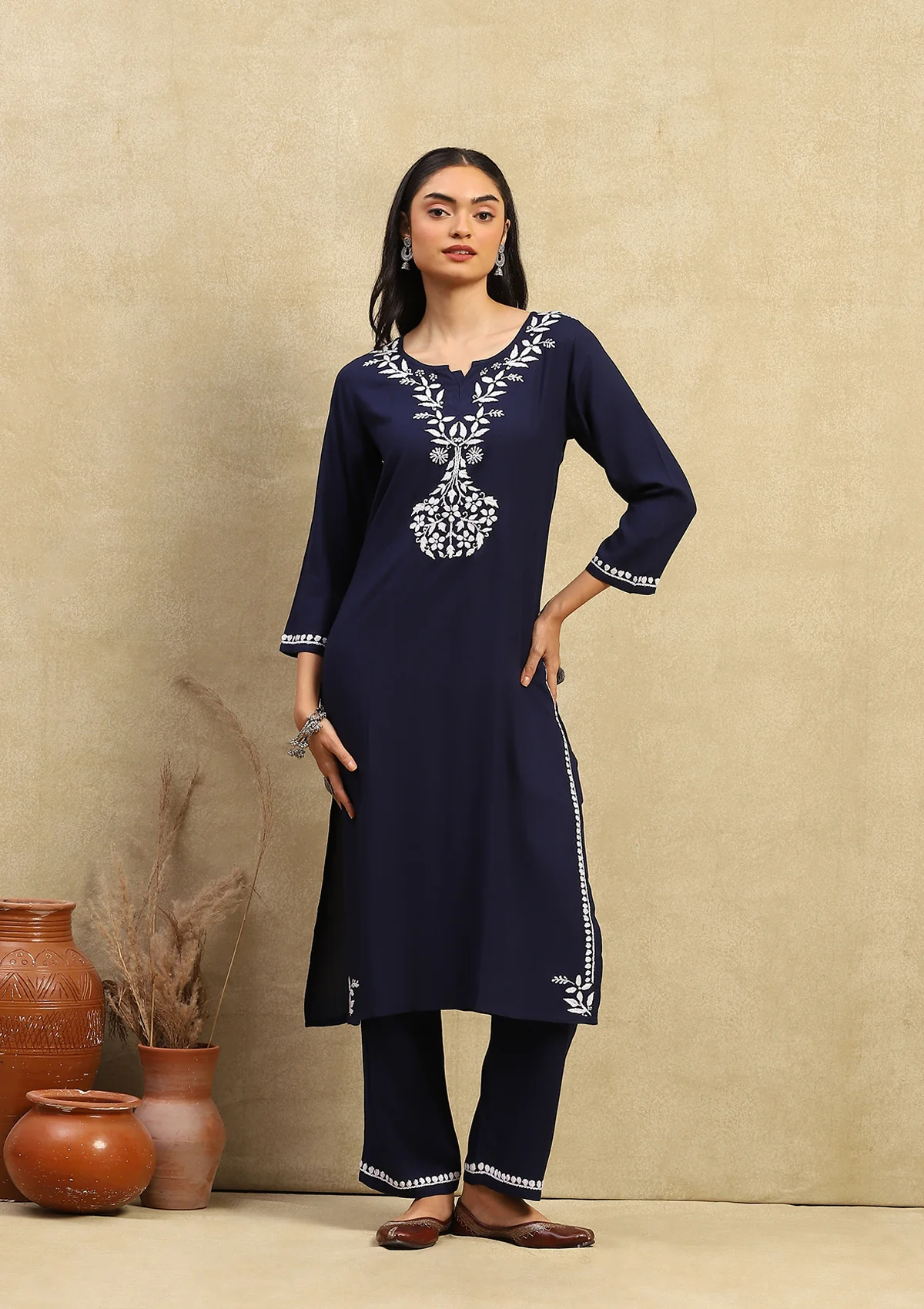 HOC Karima Chikankari Rayon Straight Kurta Set - Healthber