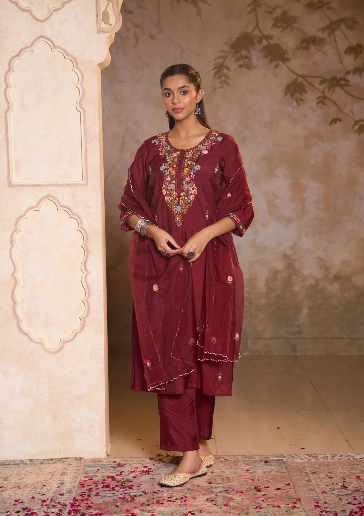HOC Chanderi Blend Hand Embroidery With Sequins Solid Women's 3 PC Long Kurta Set-Maroon - Healthber