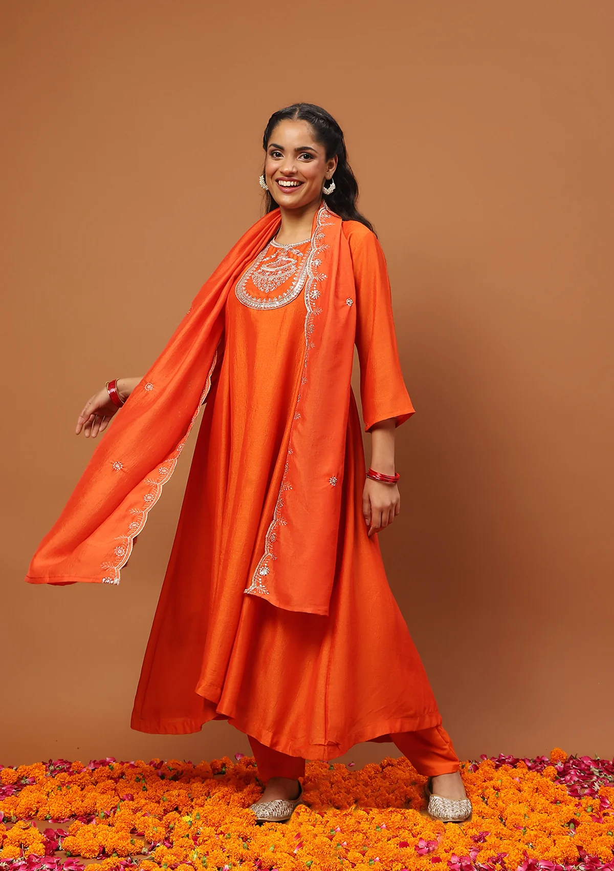 HOC Silk Blend Zari Embroidered With Sequins Solid Women's 3PC Anarkali Kurta Set-Orange - Healthber