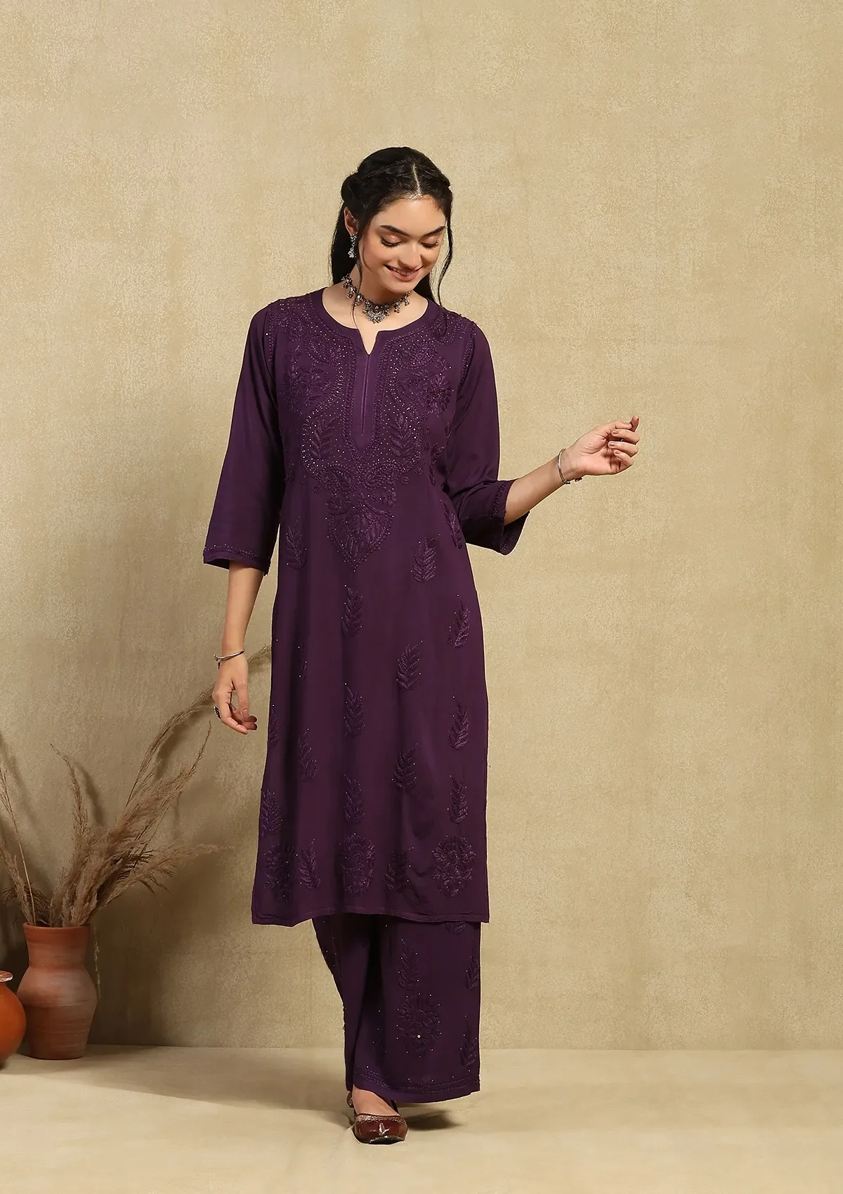 HOC Rayon Chikankari Mukaish Solid Women's 2PC Long Kurta Set -Dark Purple - Healthber