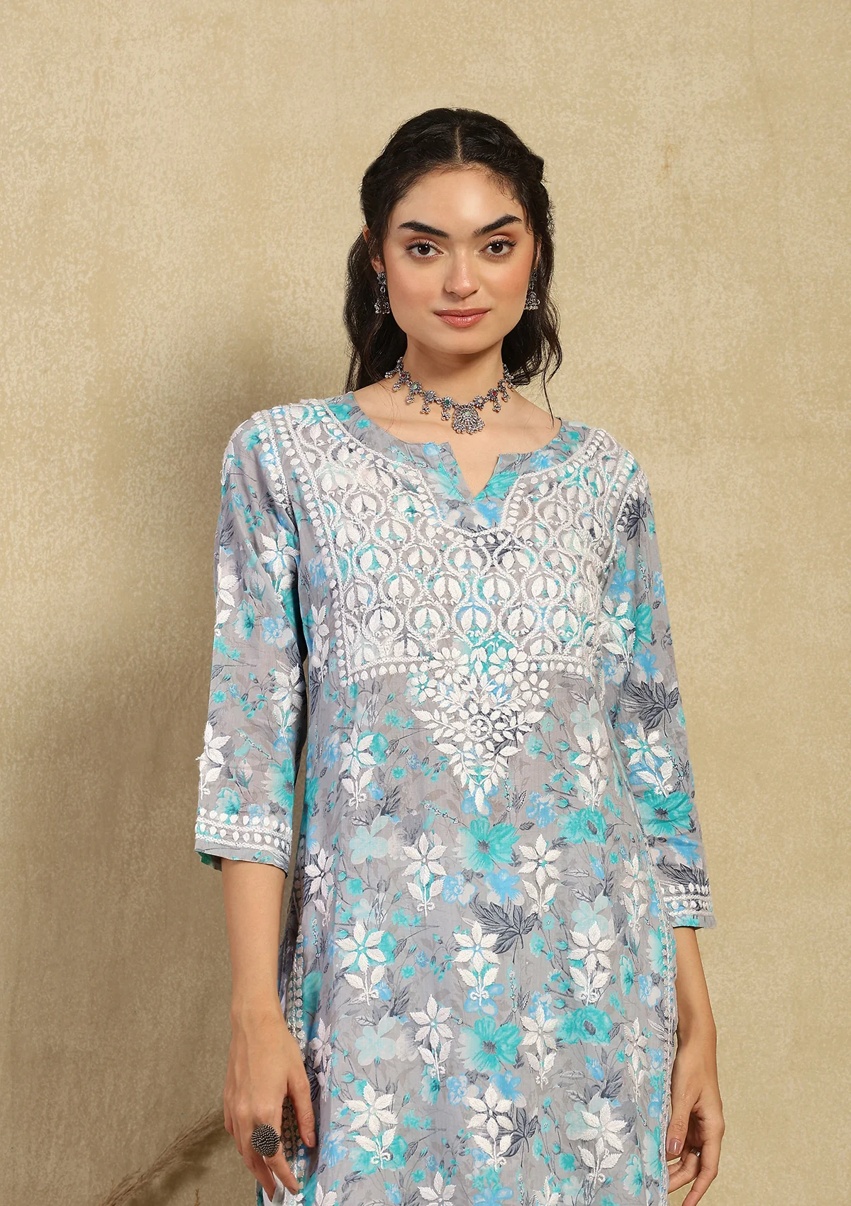 HOC Zarah Chikankari Mulmul Printed Straight Kurta - Healthber
