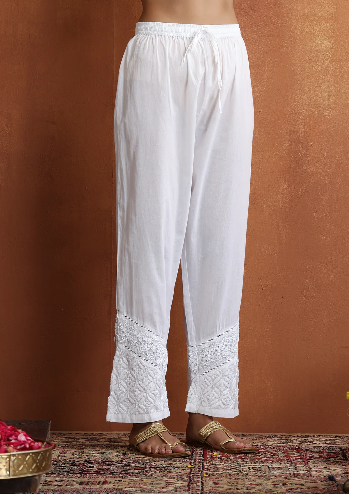 HOC Cotton Chikankari Solid Women's Pants With Lace - White - Healthber
