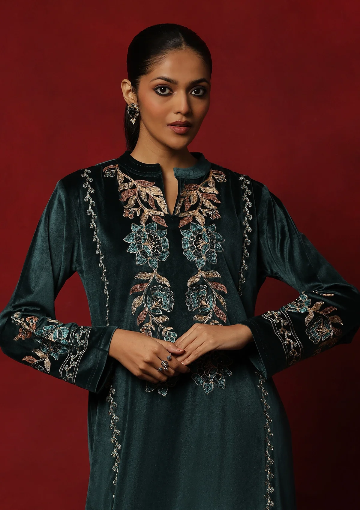 HOC Velvet Embroidered & Embellished Solid Women's 3 PC Kurta Set- Teal Green - Healthber