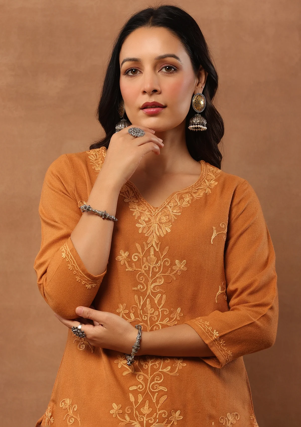 HOC Aari Embroidered Woollen Solid Women's Short Kurta - Rust - Healthber