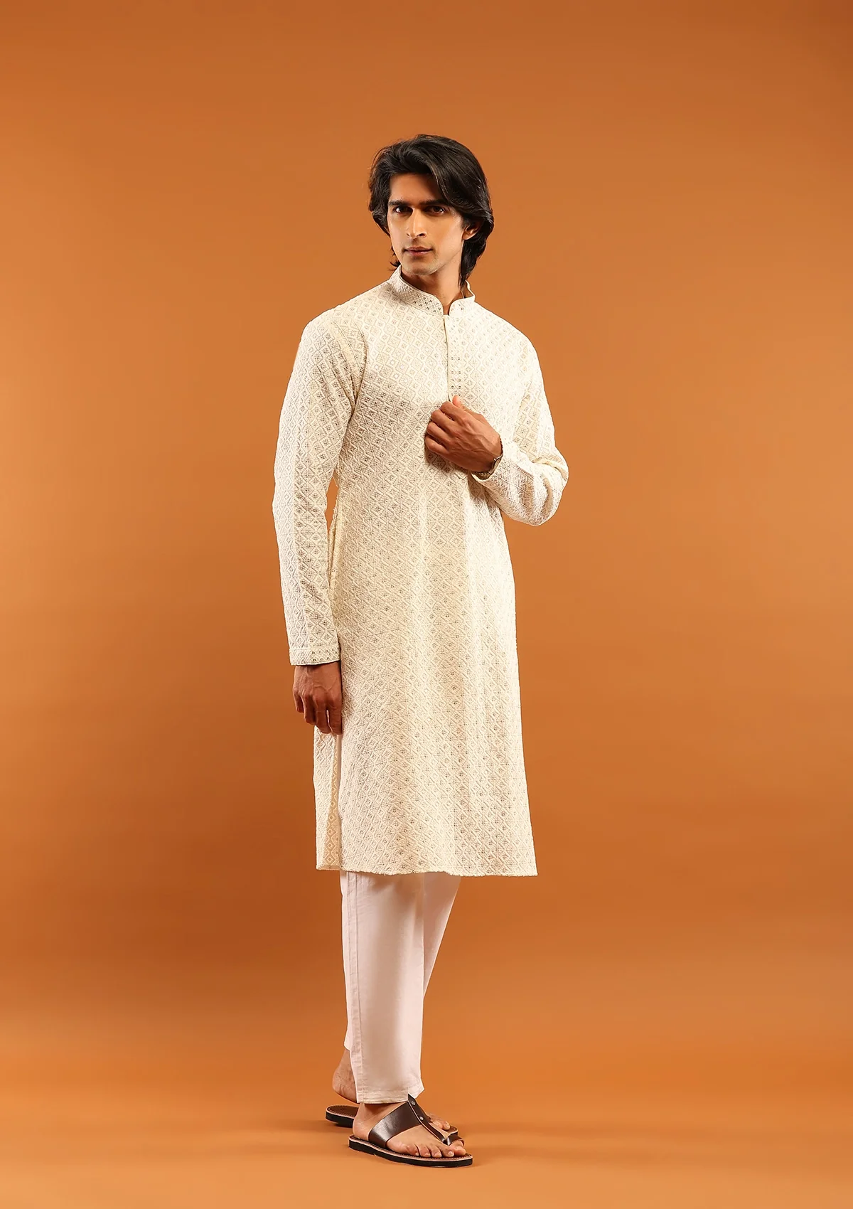 HOC Cotton Embroidered With Sequins Solid Men's Long Kurta- Cream - Healthber