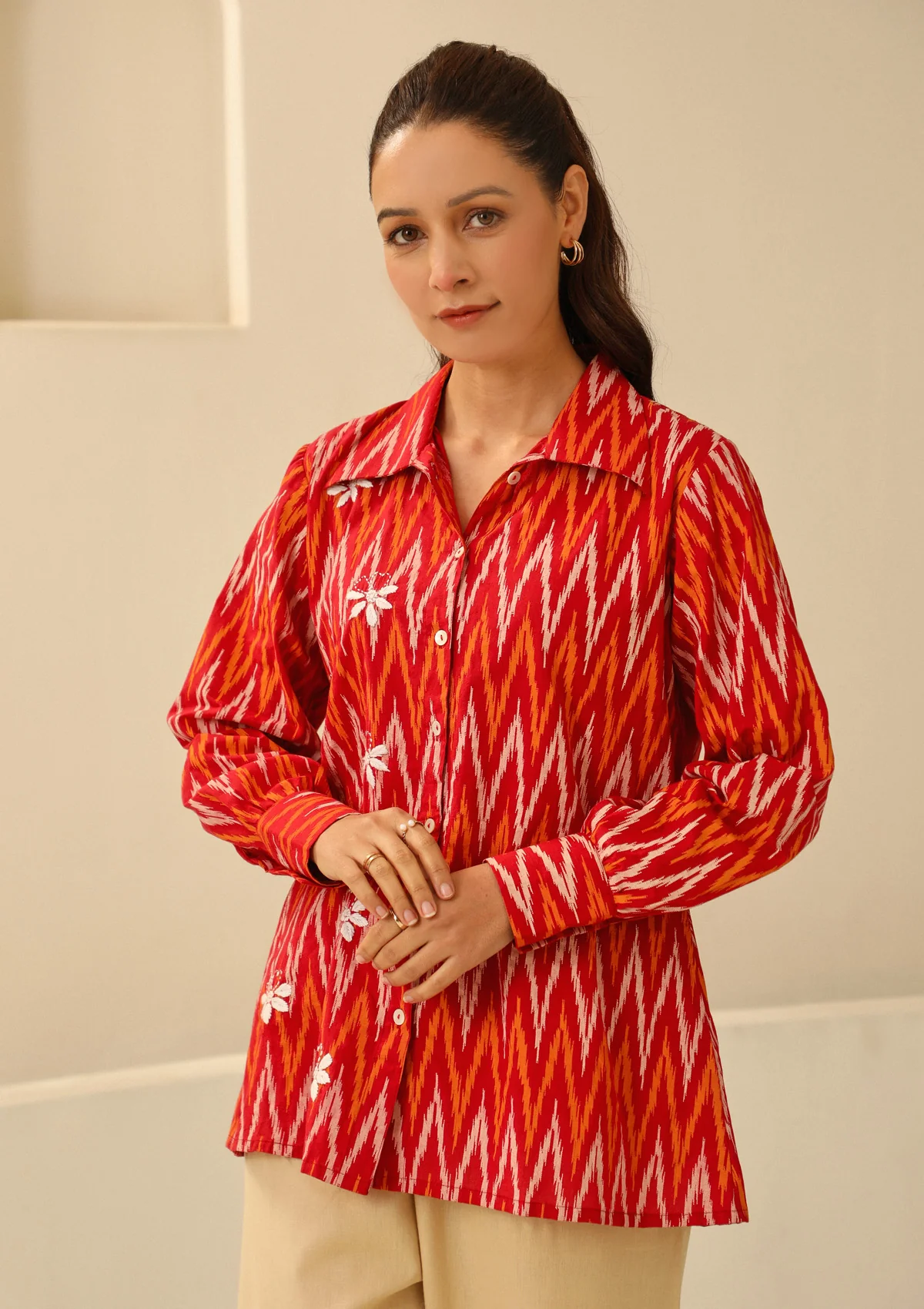 HOC Cotton Chikankari Printed Women's Shirt - Red - Healthber