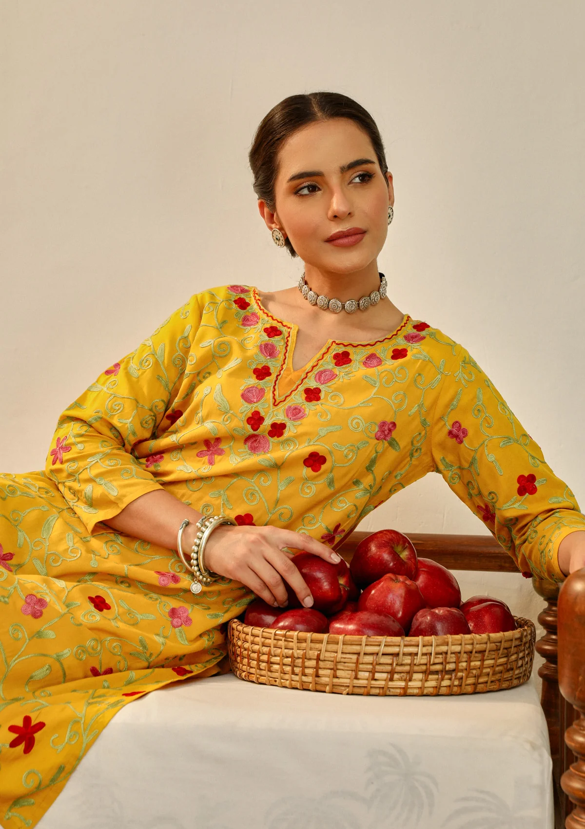 HOC Aari Embroidered Cotton Solid Women's 2PC Long Kurta Set - Mustard Yellow - Healthber