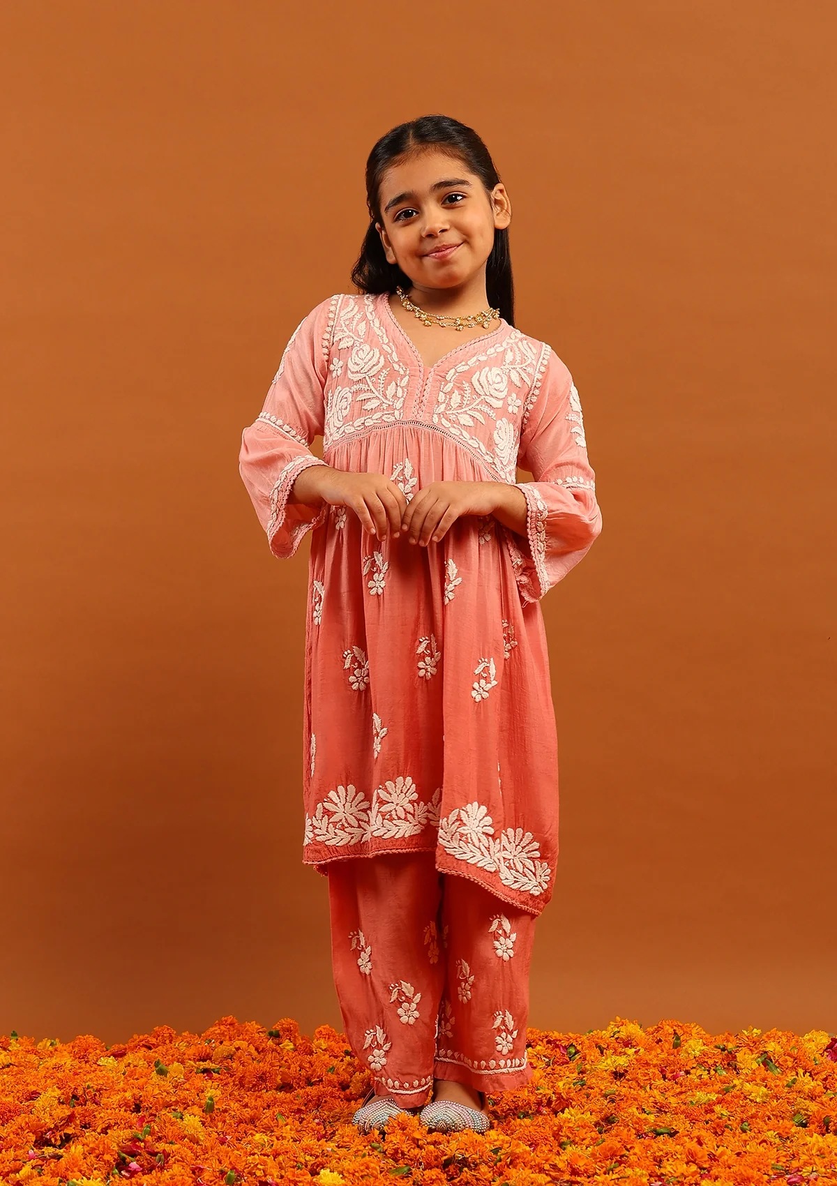 HOC Muslin Chikankari Ombre Girl's 2 PC A-Line Kurta Set-Peach Ombre - Healthber