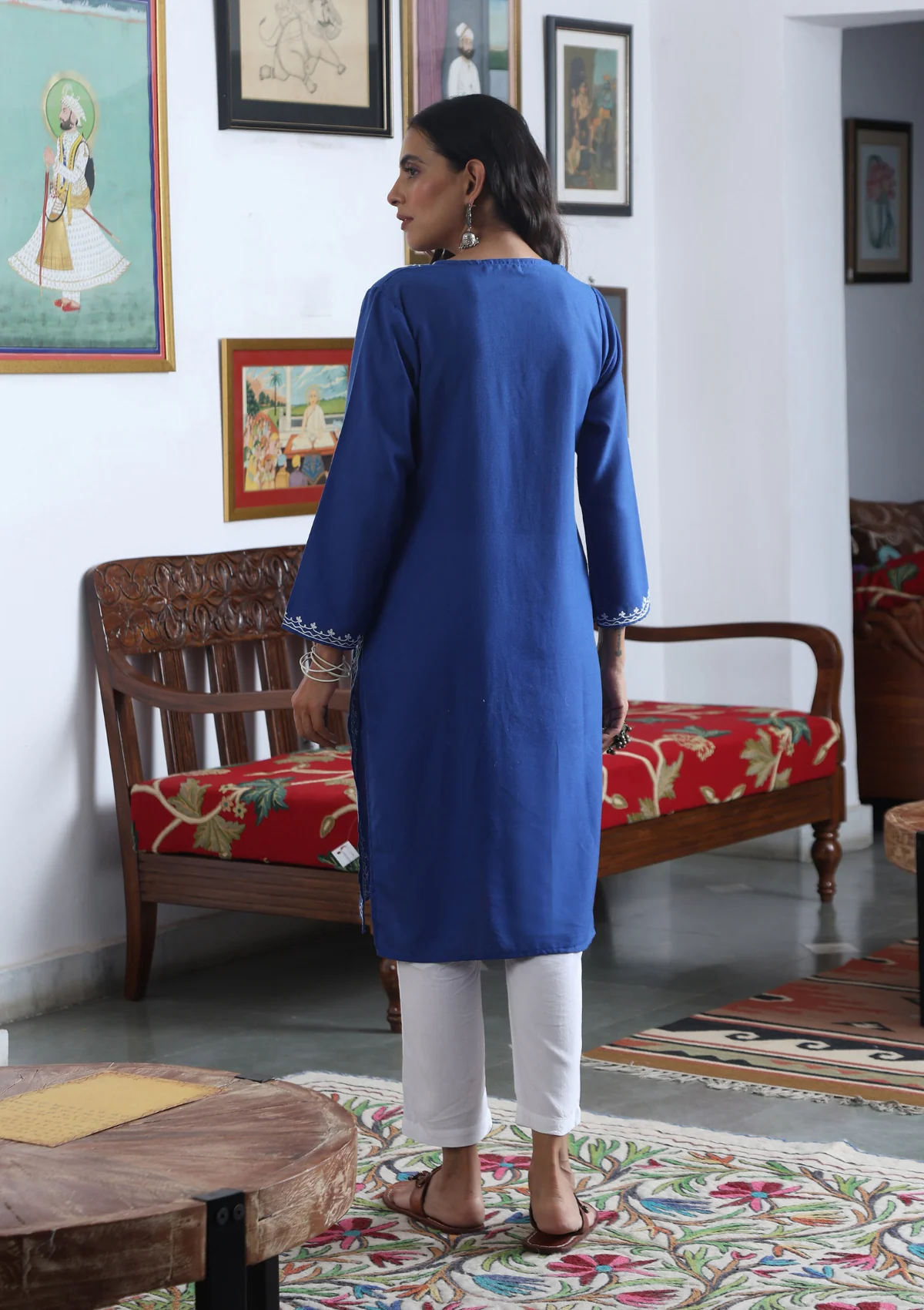 HOC Aari Embroidered Cotton Solid Women's Long Kurta - Blue - Healthber