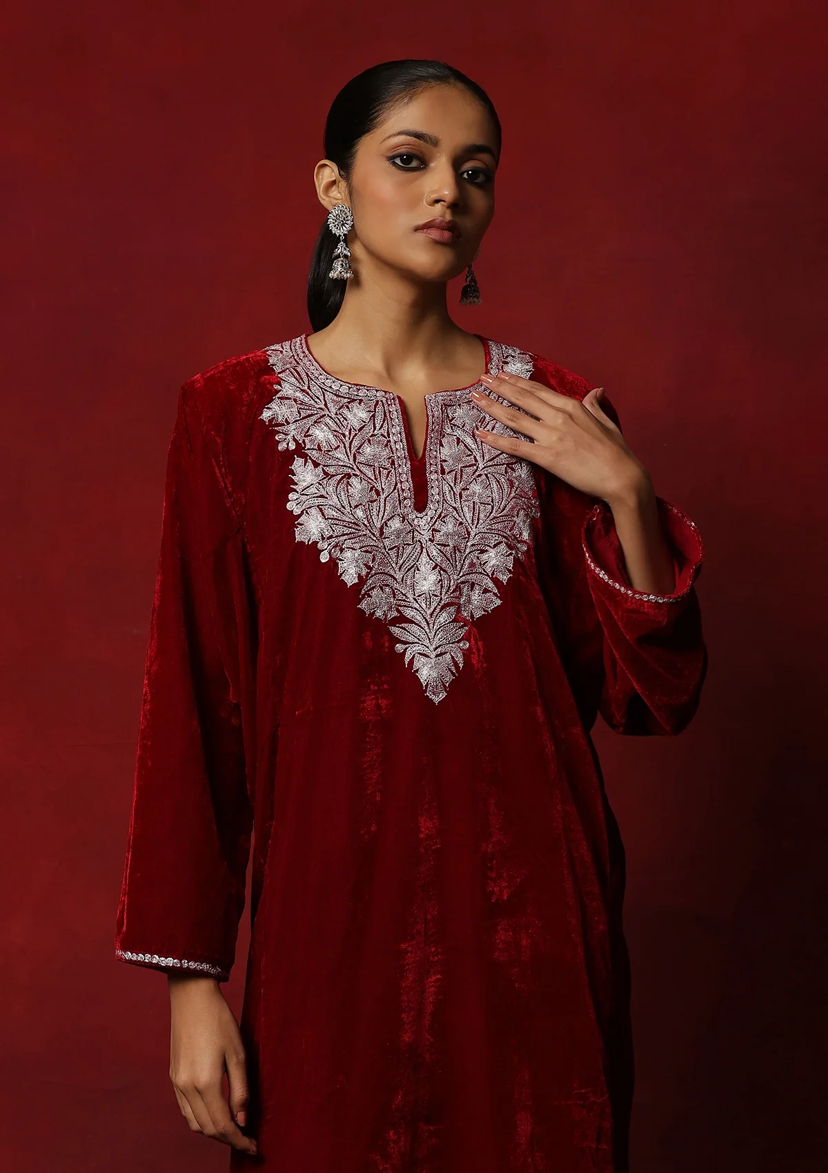 HOC Kashmiri Velvet Tilla Embroidered Solid Women's 2 PC Phiran Set -Maroon - Healthber