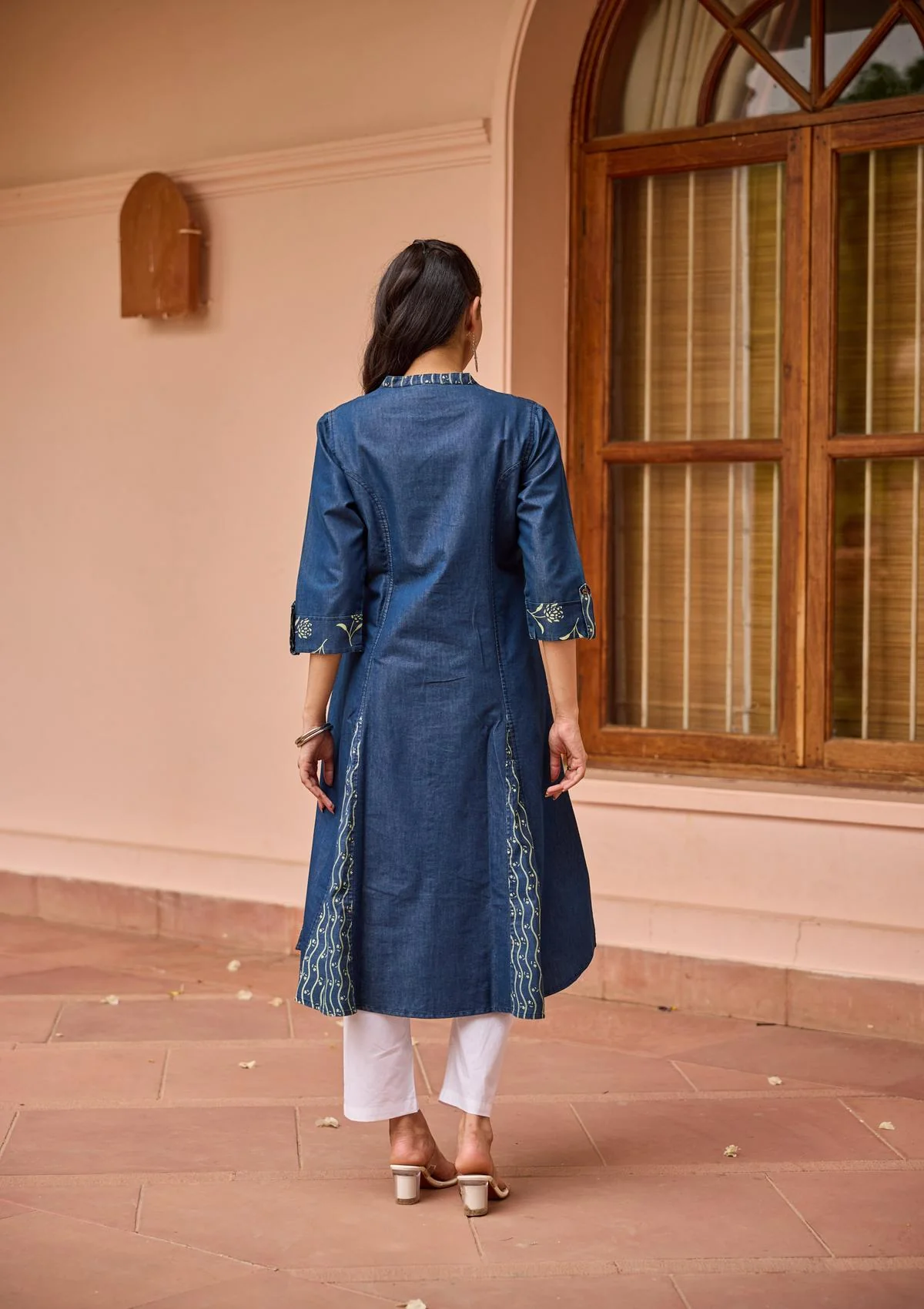 HOC Kantha Hand Embellished Denim Printed Women's A-Line Kurta-Green Wash Blue - Healthber