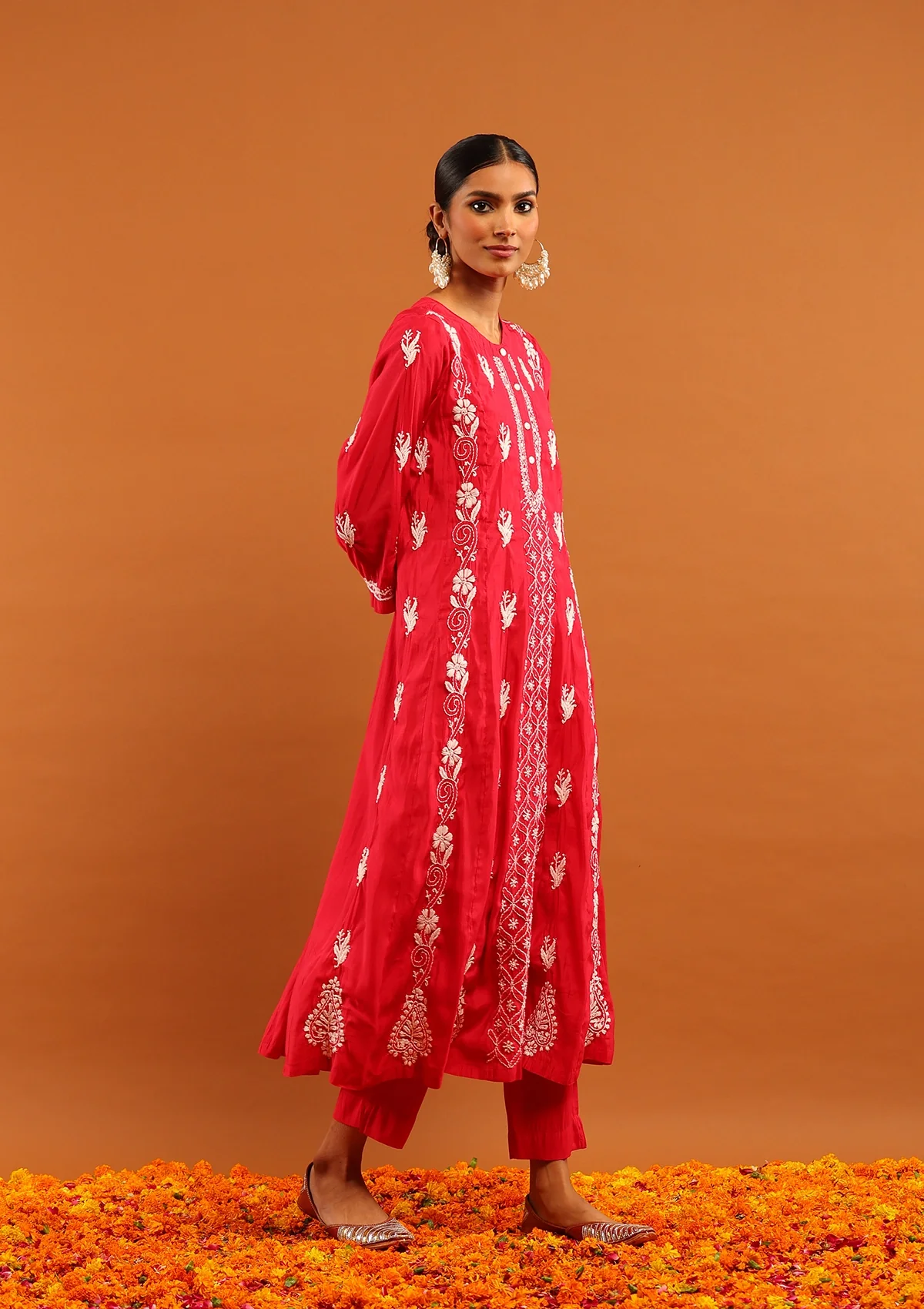 HOC Chanderi Chikankari Solid Women's 3 PC Anarkali Kurta Set-Pink - Healthber