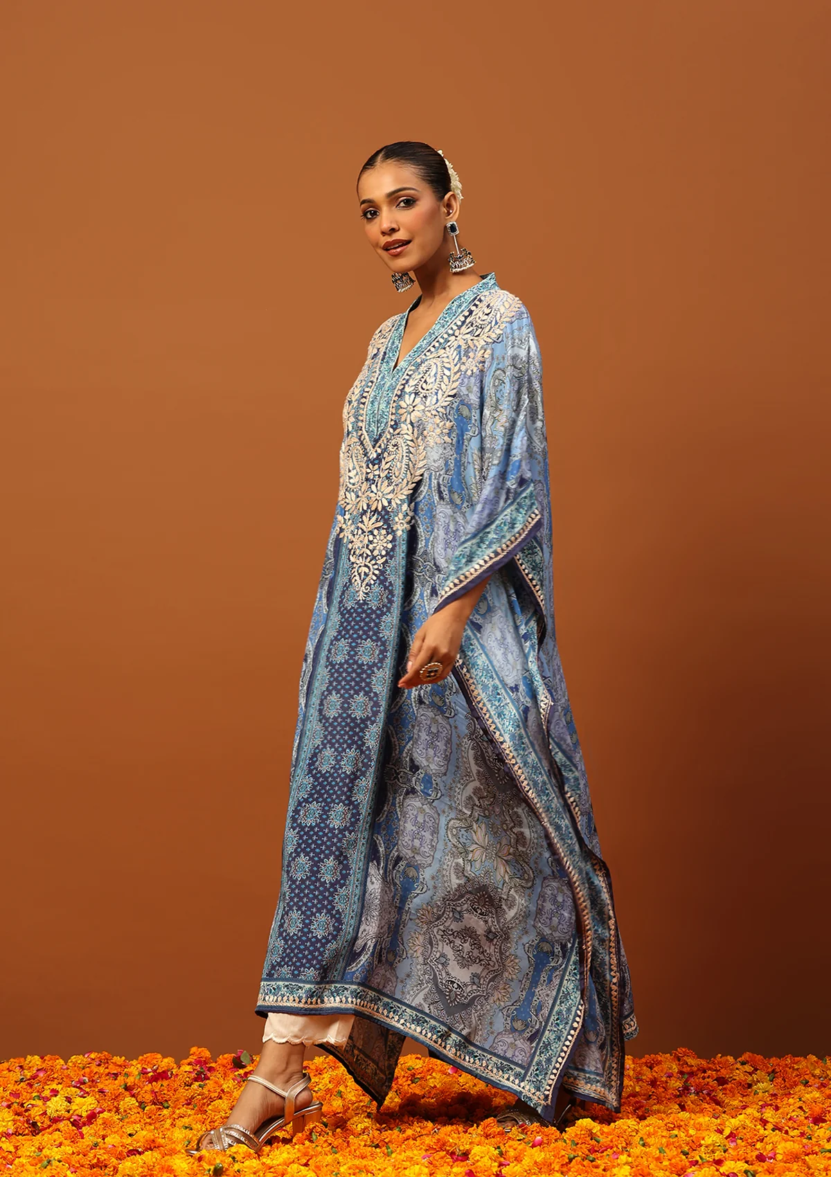 HOC Crepe Chikankari Printed Women's Kaftan -Blue - Healthber