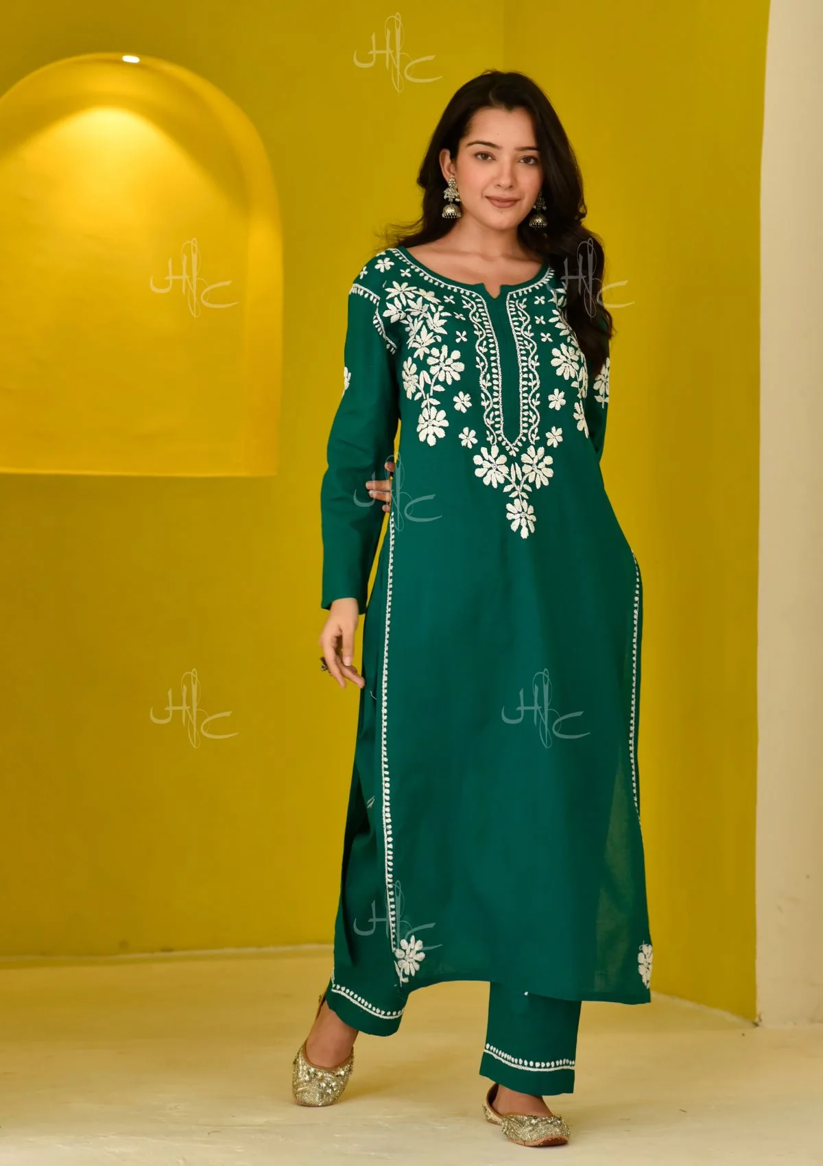 HOC Juhaina Chikankari Cotton Straight Set (Teal Green) - Healthber