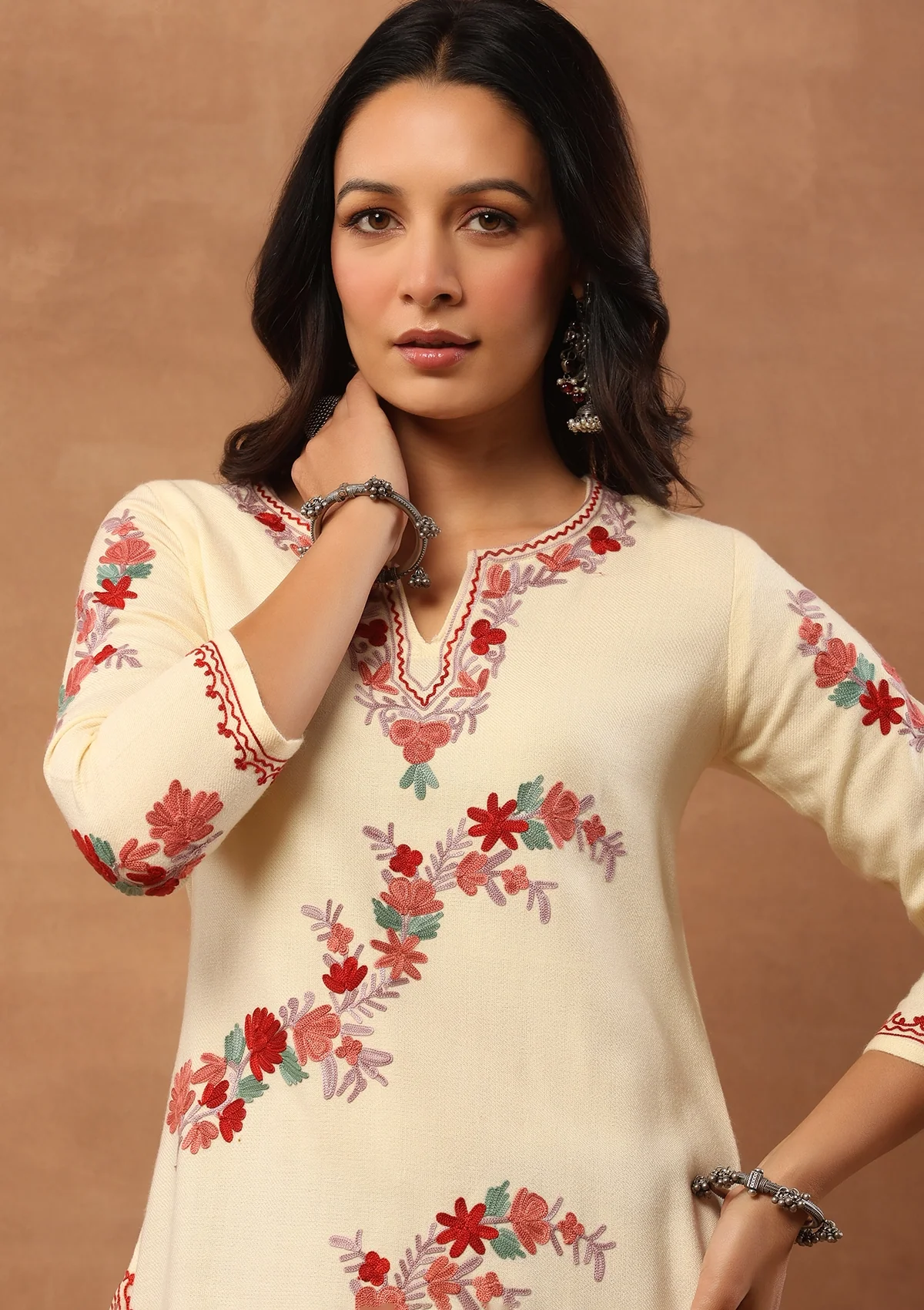 HOC Aari Embroidered Woollen Solid Women's Long Kurta - Cream - Healthber