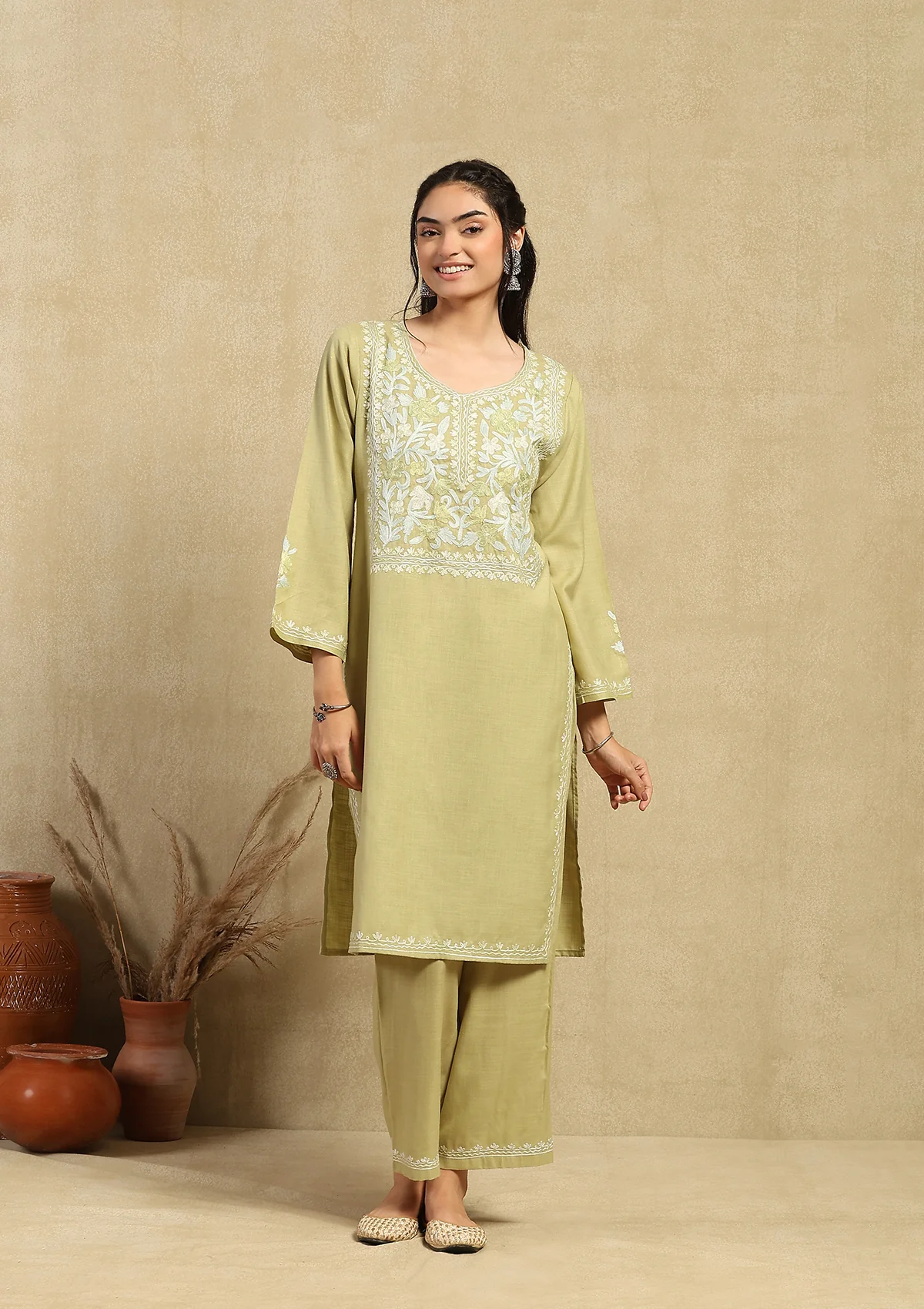 HOC Cotton Aari Embroidered Solid Women's 2 PC Long  Kurta Set - Green - Healthber