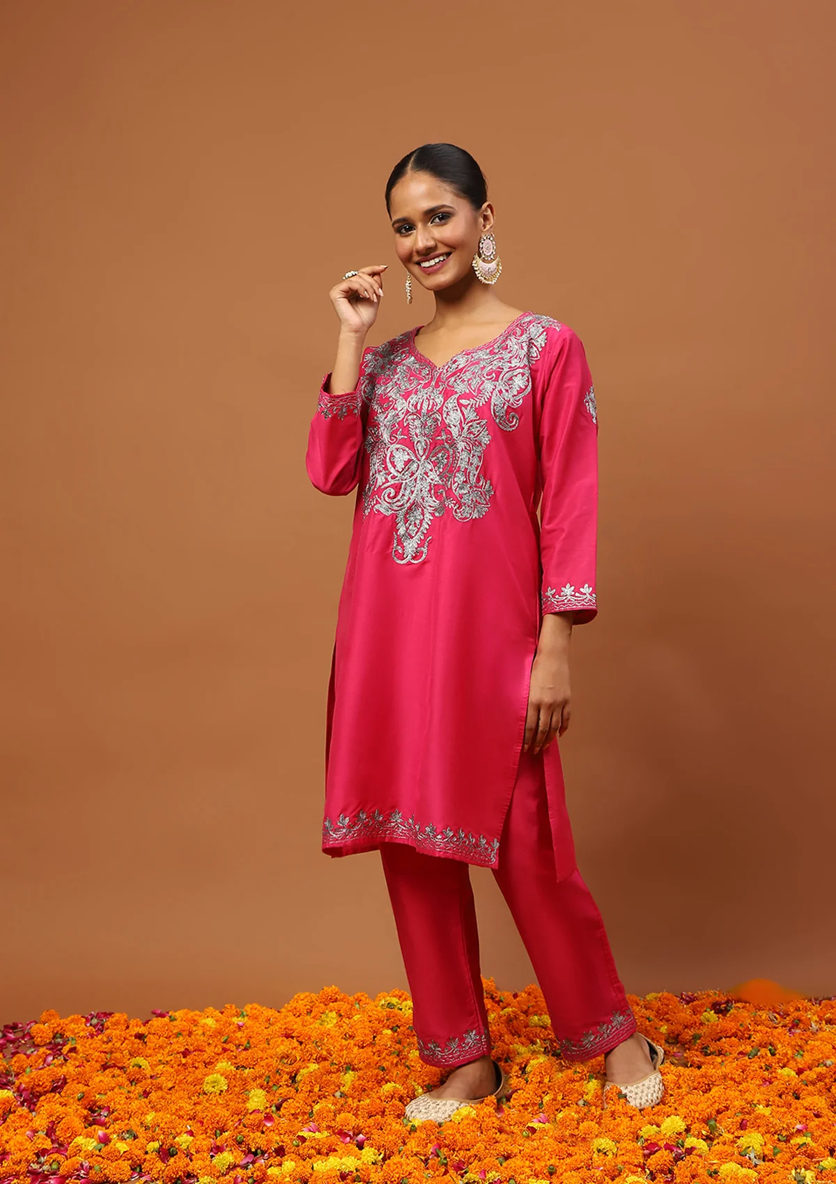 HOC Art Silk Embroidered Zari Solid Women's 2 PC Knee Kurta Set - Magenta - Healthber